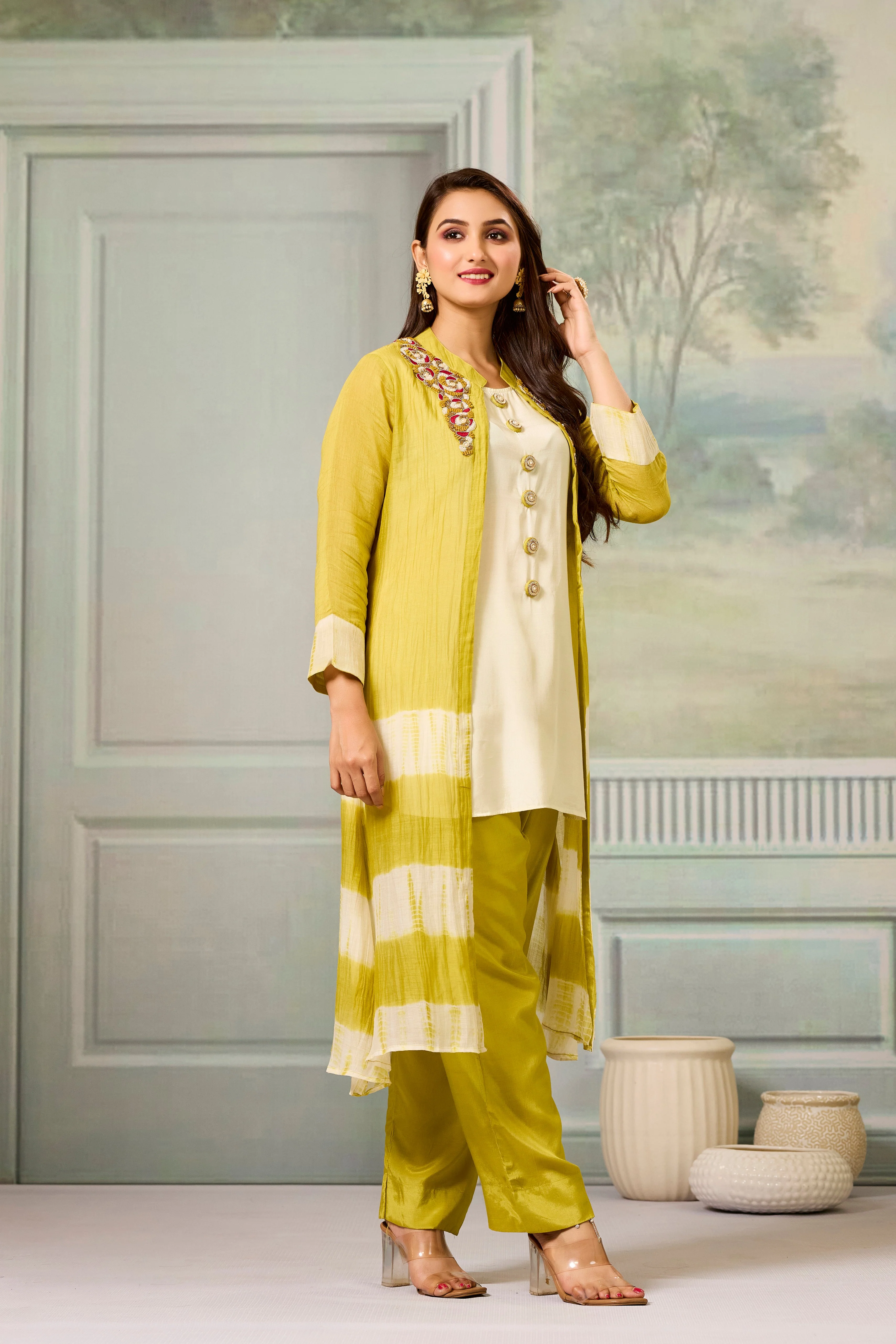 Cream Mustard Mul-Chanderi Silk Kurta Pants Set - Image 3