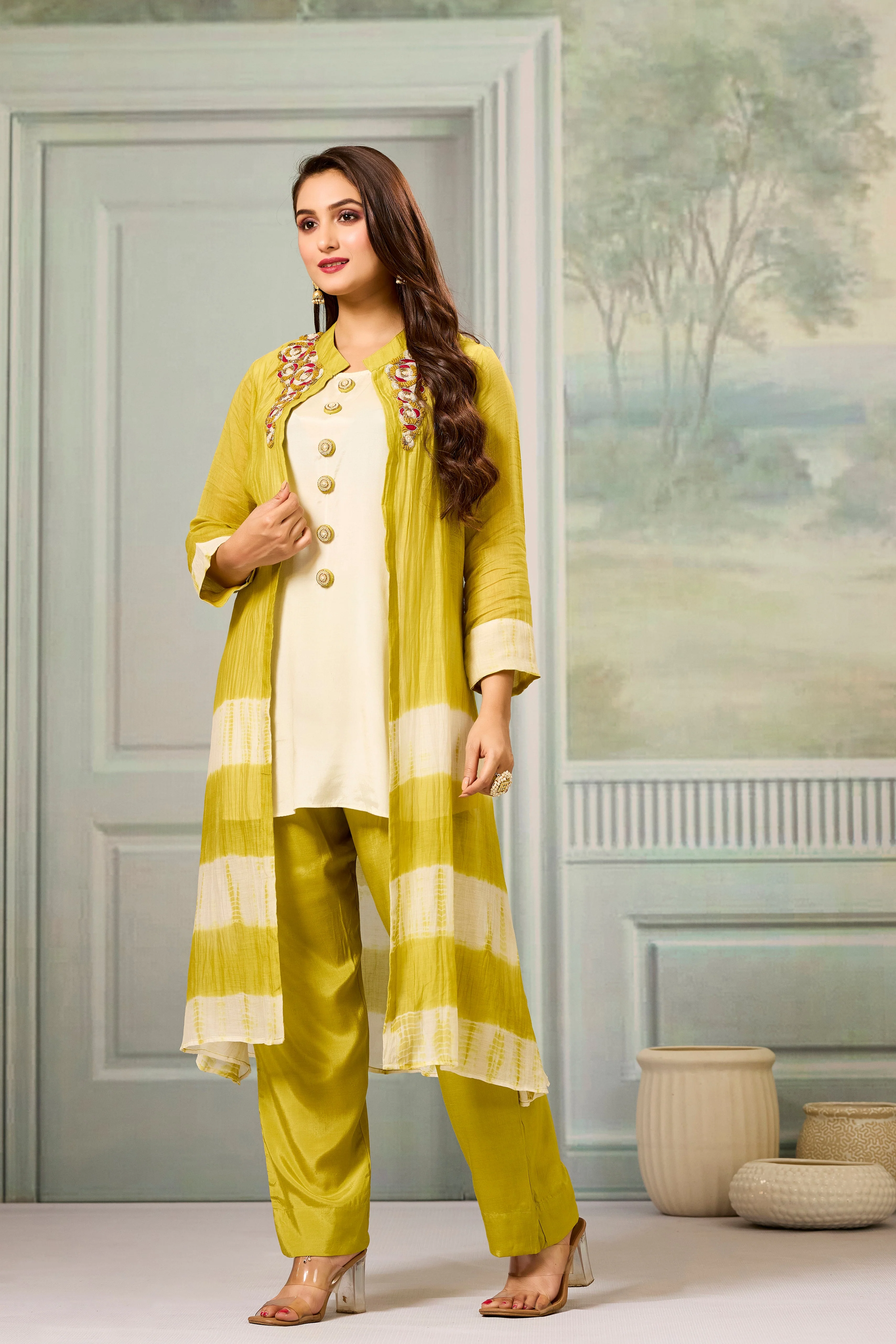 Cream Mustard Mul-Chanderi Silk Kurta Pants Set - Image 4