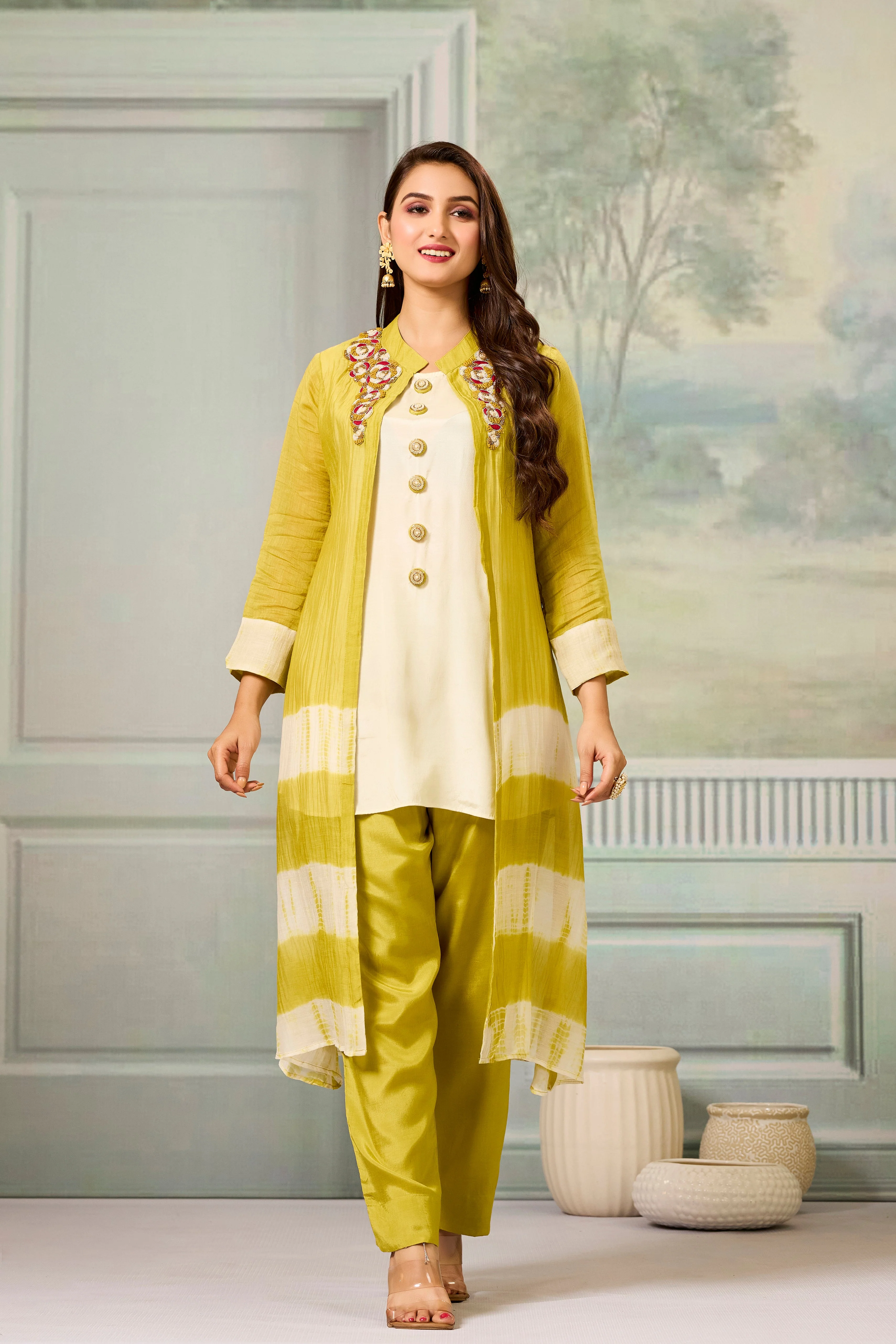 Cream Mustard Mul-Chanderi Silk Kurta Pants Set - Image 5