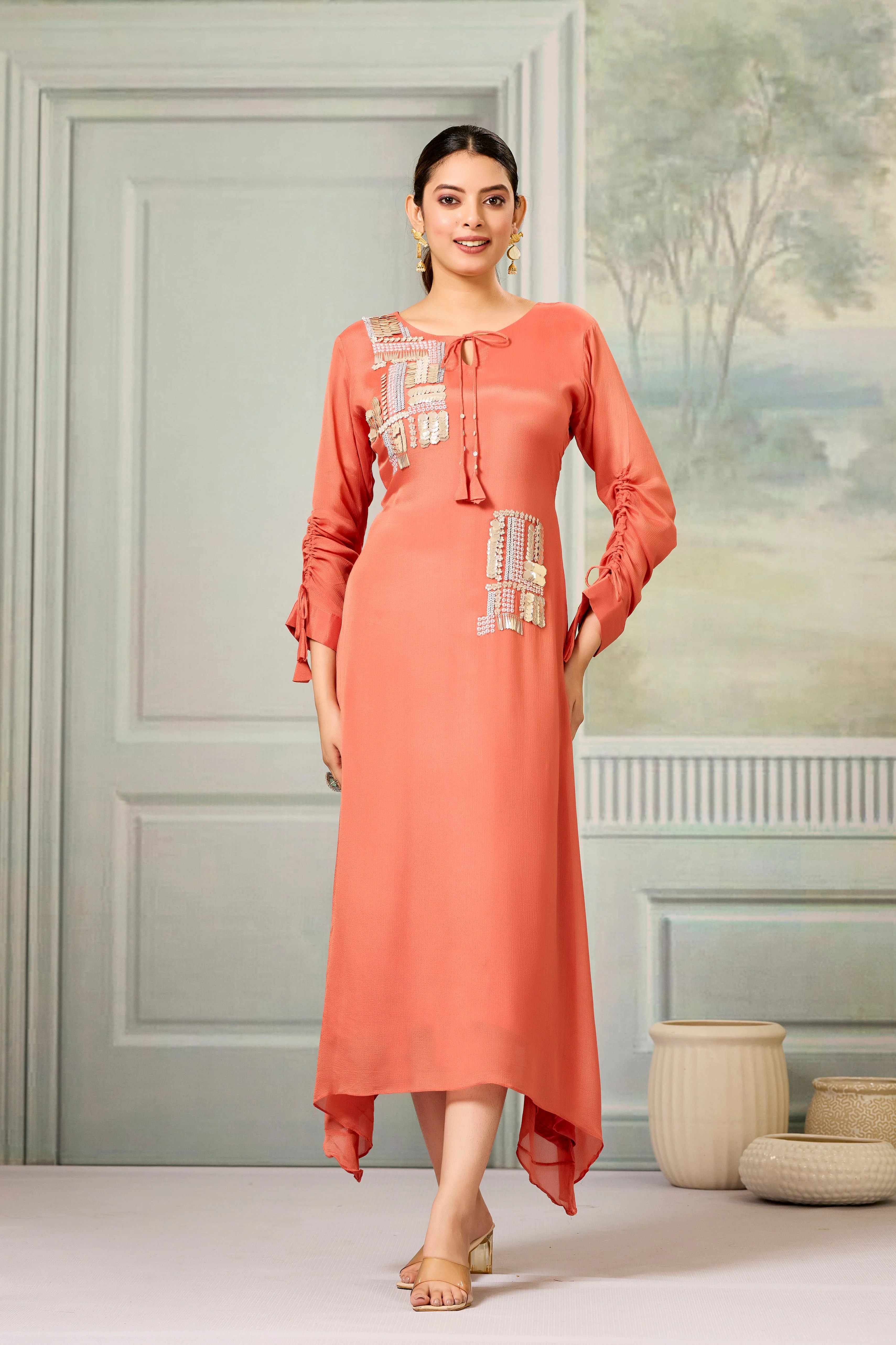 Red Handwork Chinon Silk Dress
