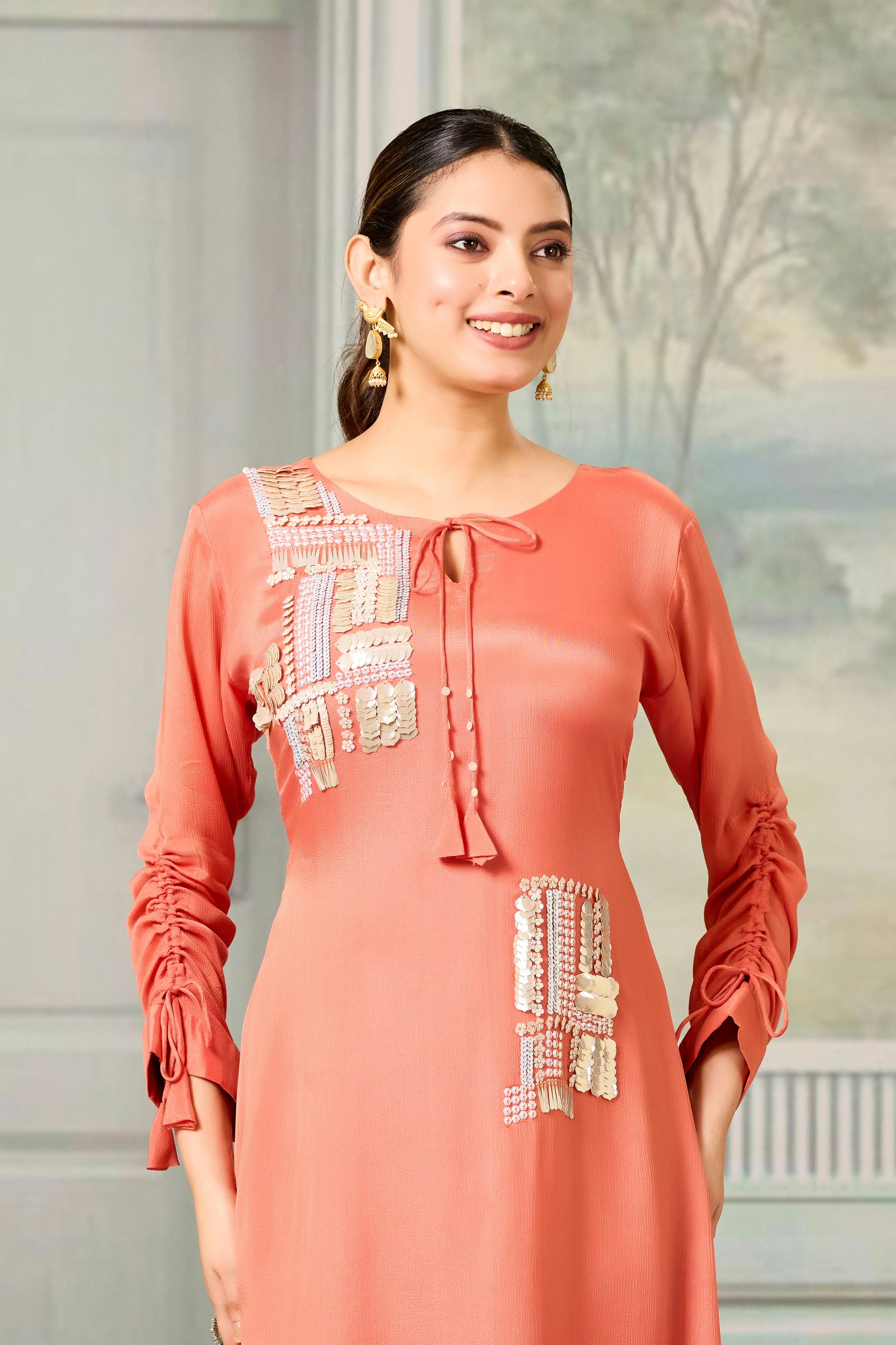 Red Handwork Chinon Silk Dress - Image 2