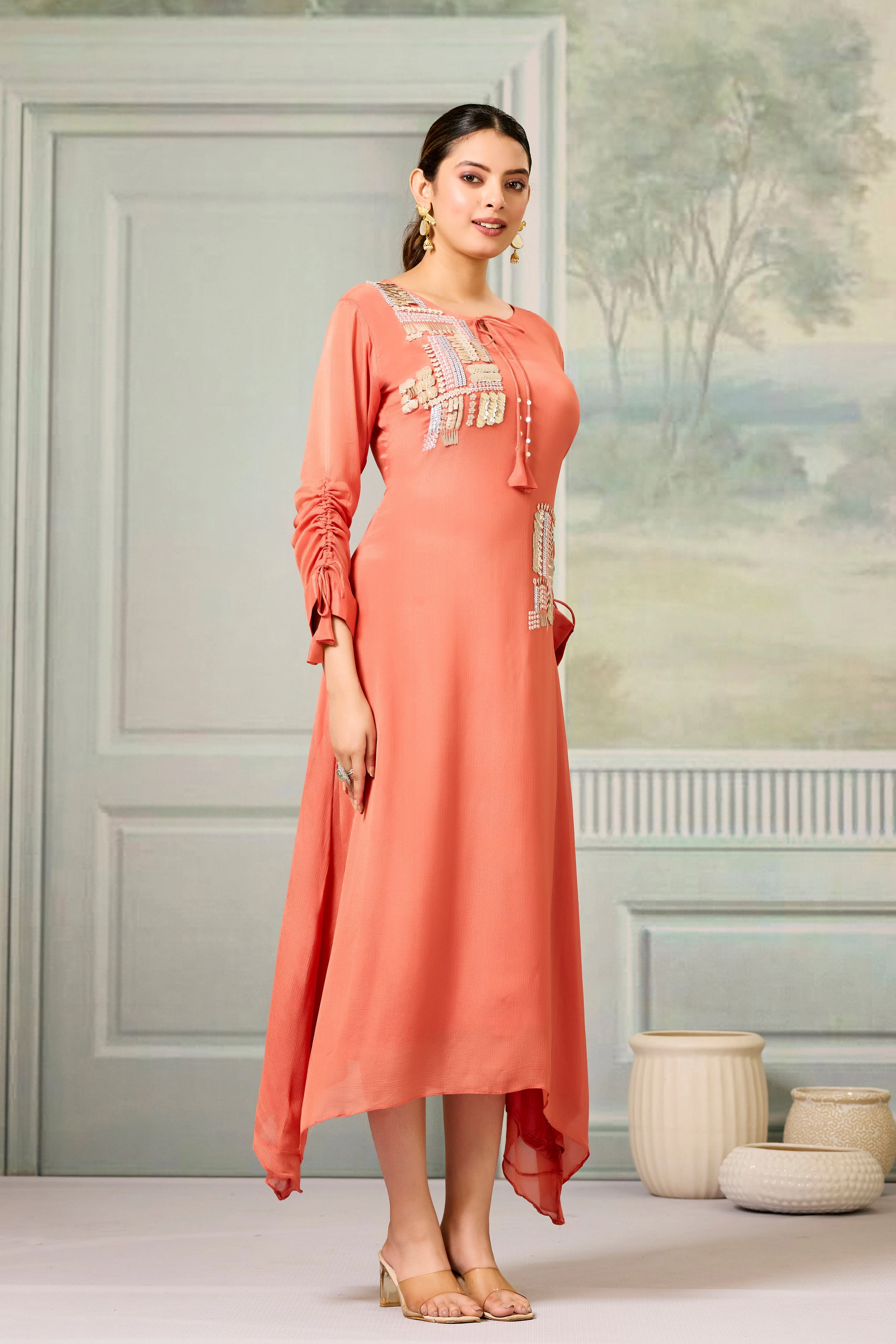 Red Handwork Chinon Silk Dress - Image 3