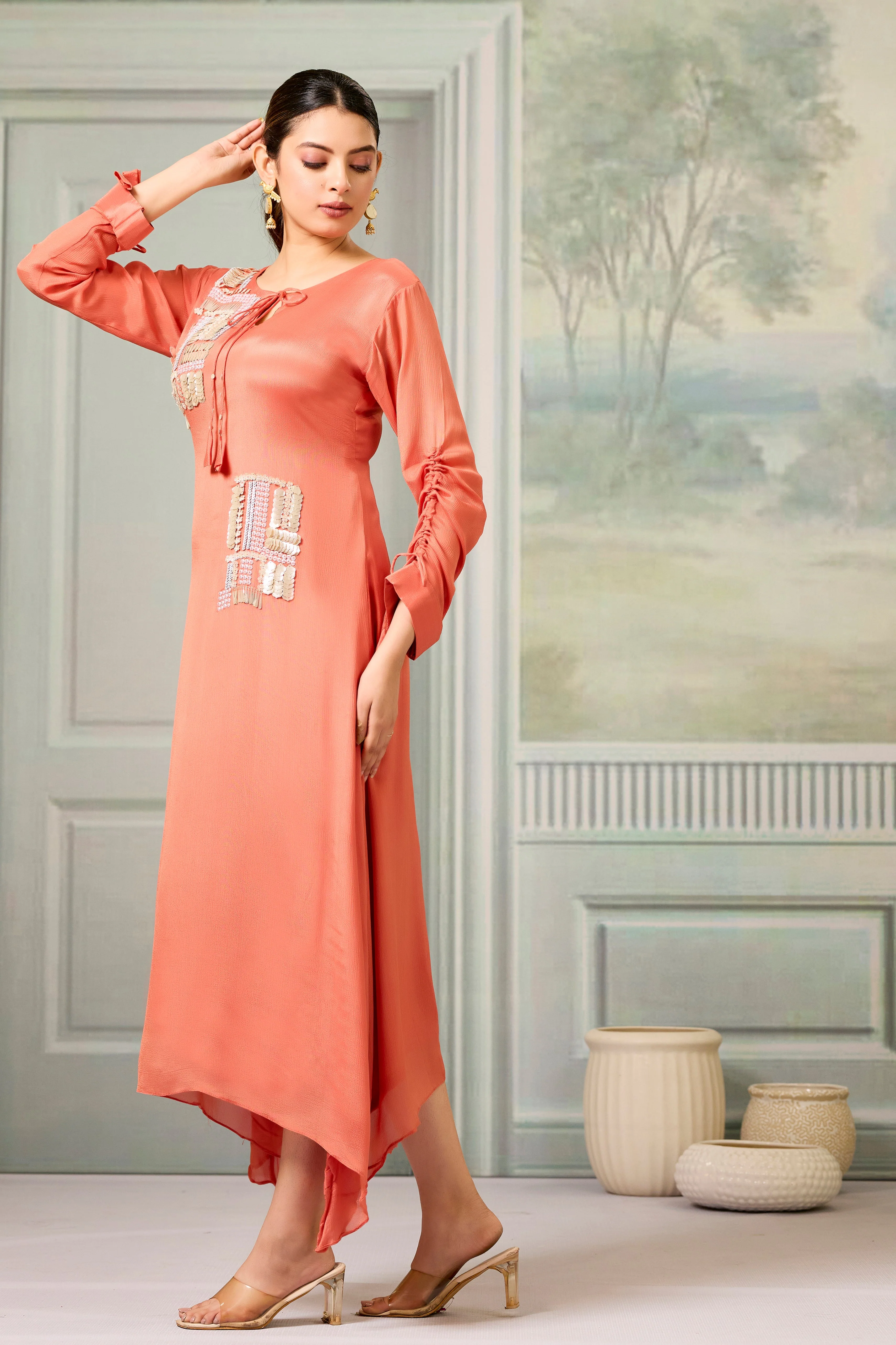 Red Handwork Chinon Silk Dress - Image 4