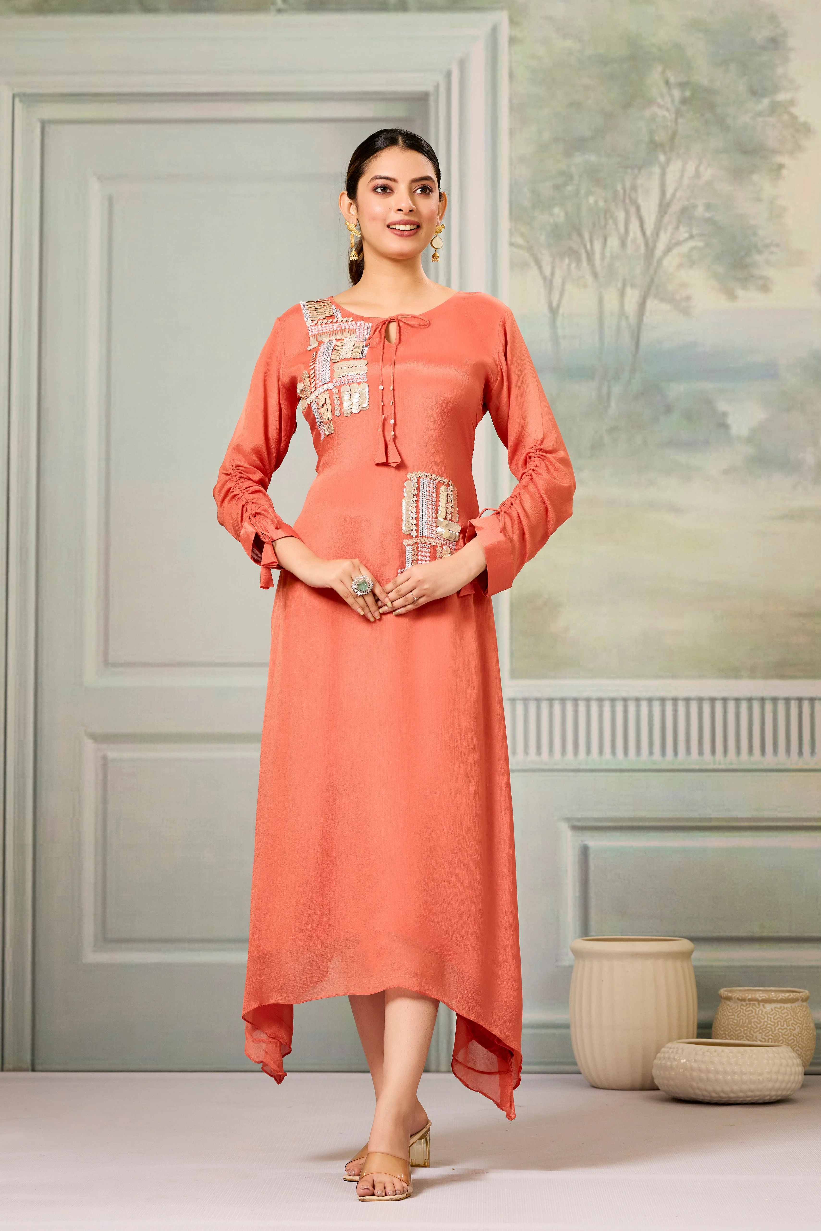 Red Handwork Chinon Silk Dress - Image 5