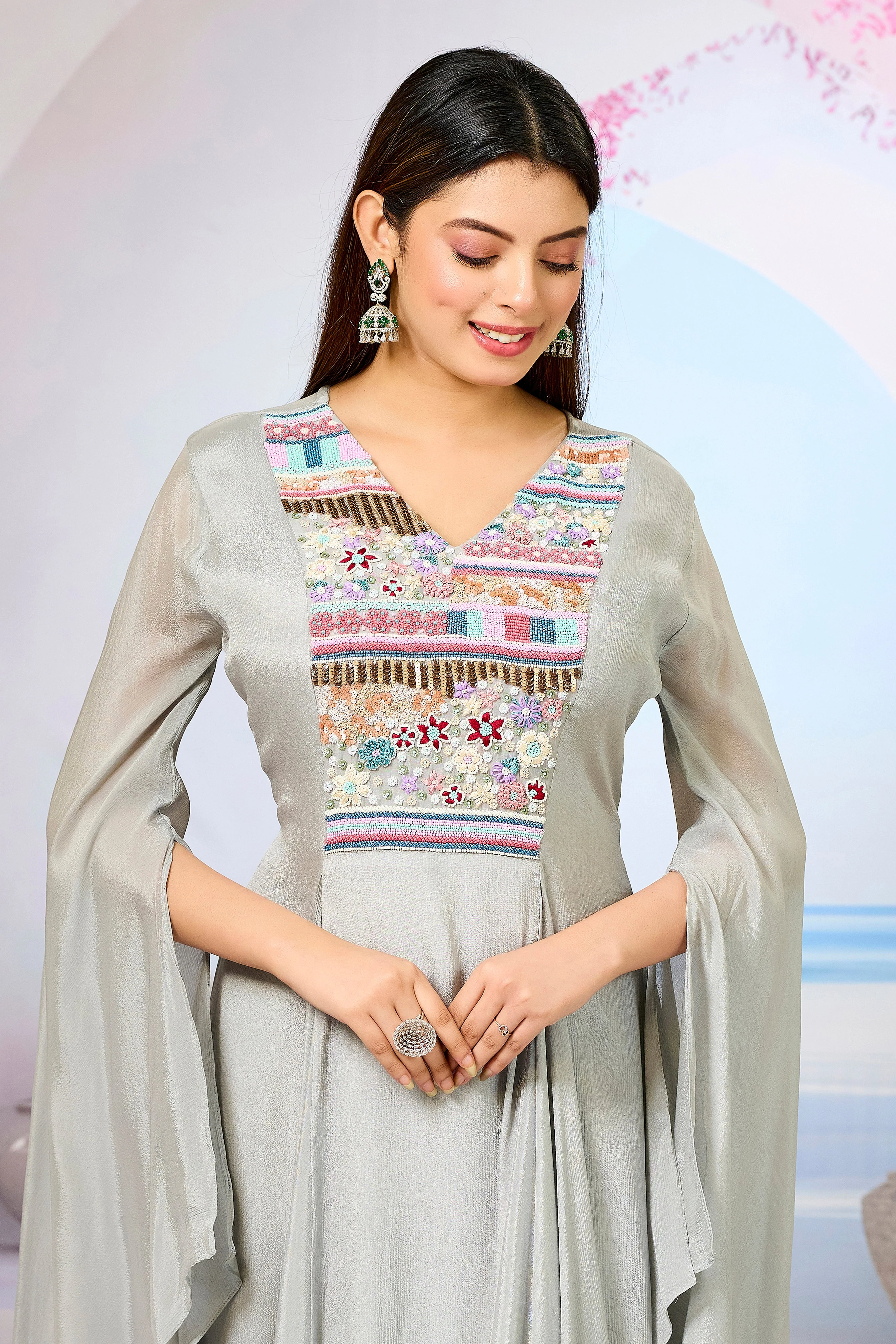 Grey Handwork Chinon Silk Dress - Image 2