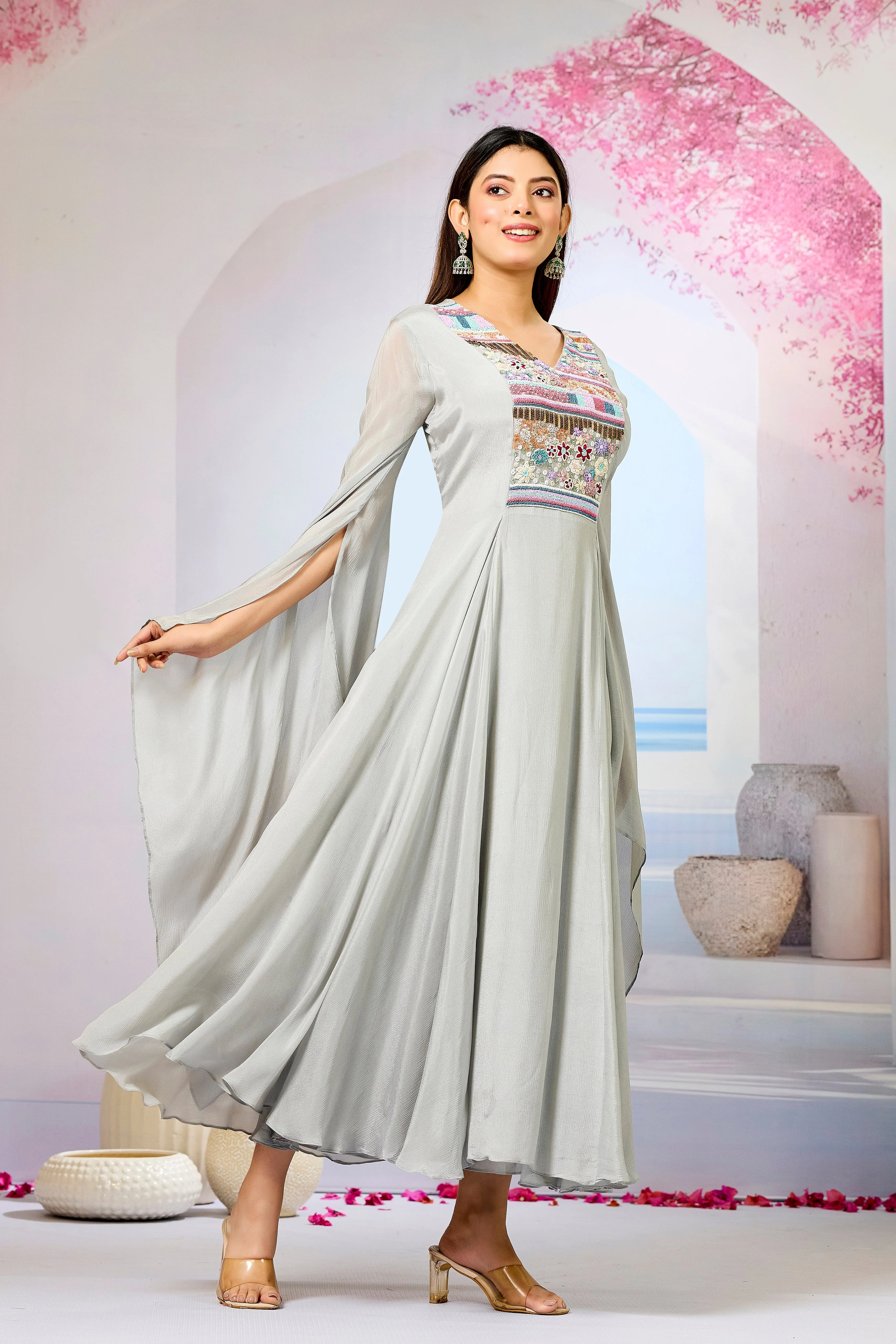 Grey Handwork Chinon Silk Dress - Image 3
