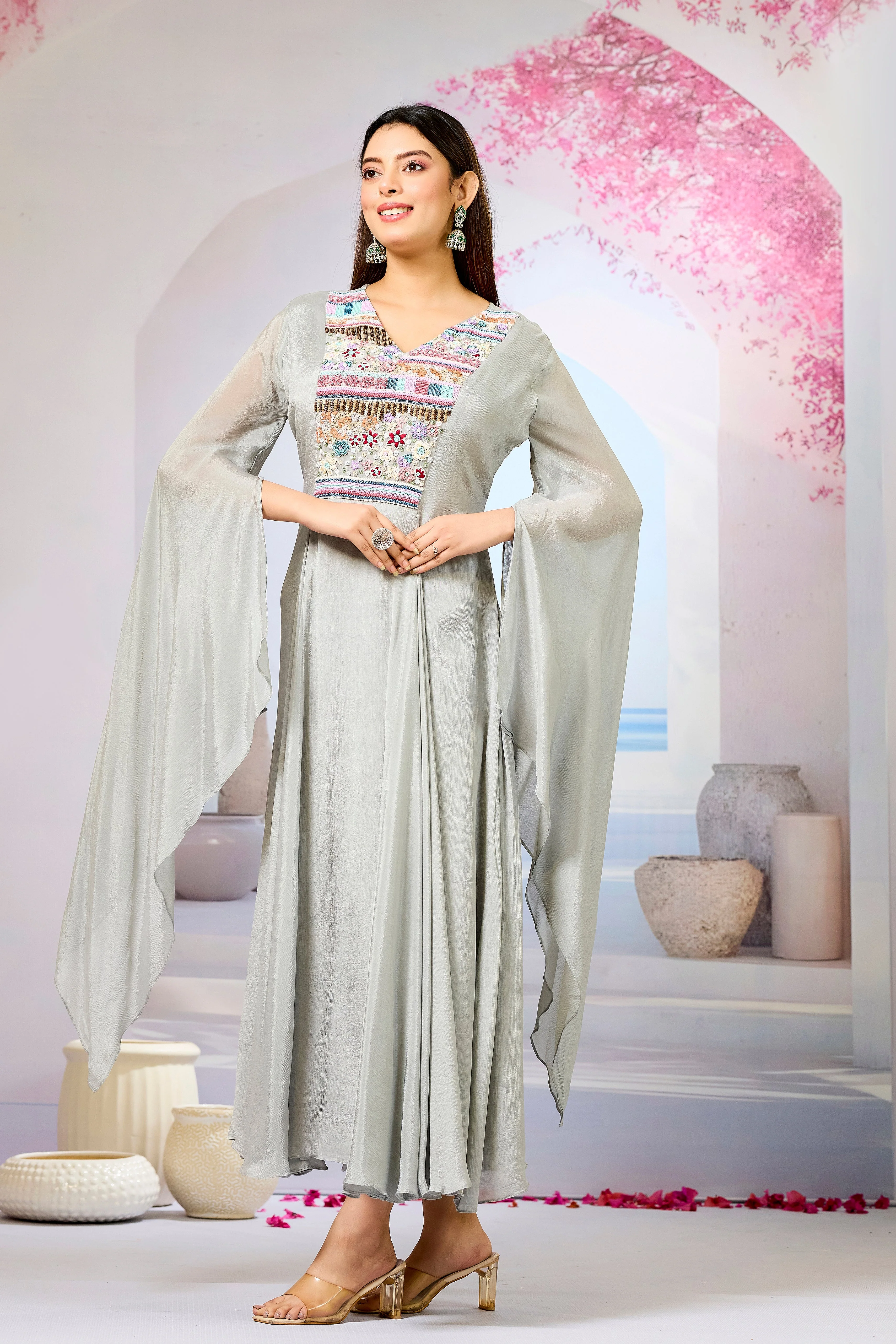 Grey Handwork Chinon Silk Dress - Image 4