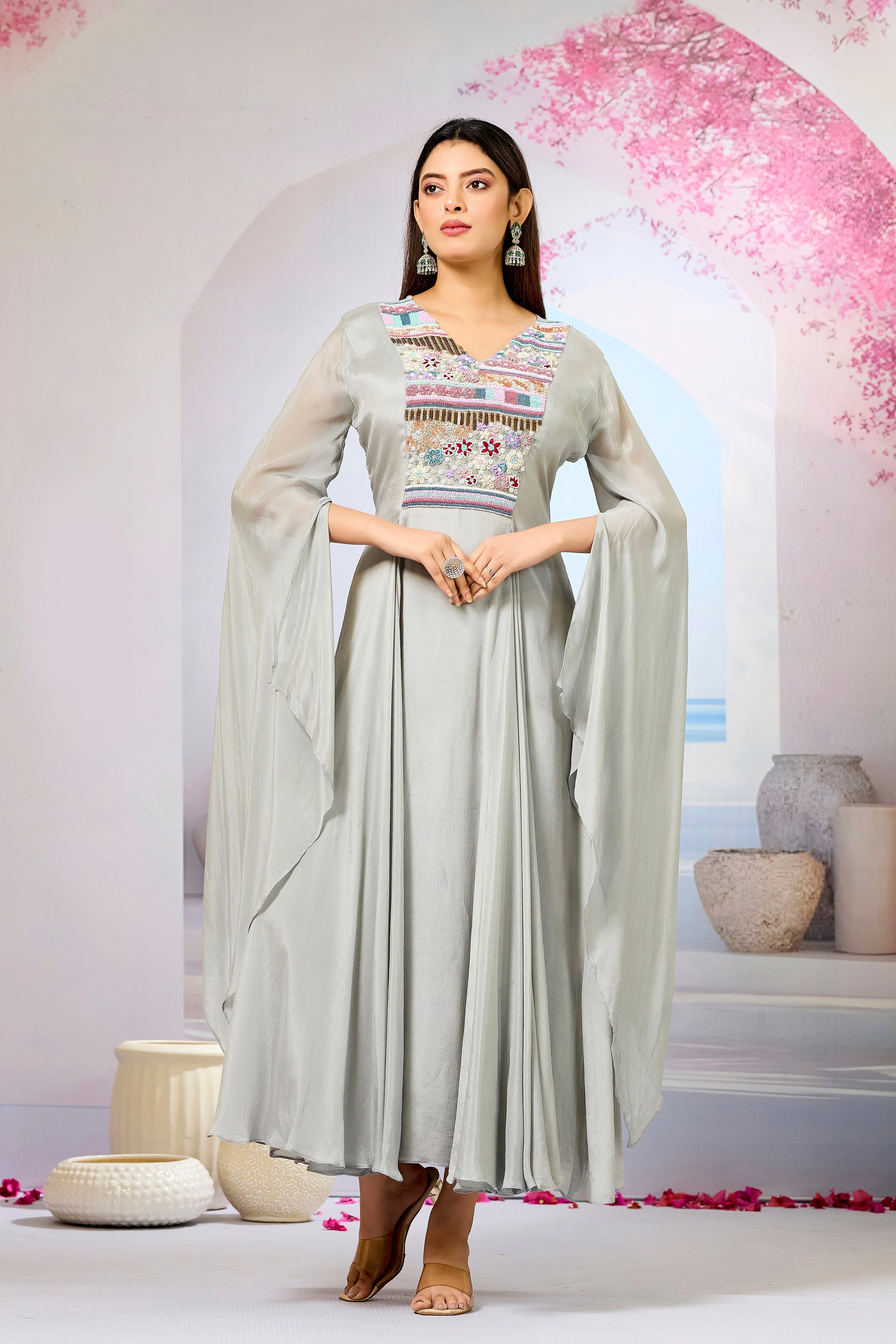 Grey Handwork Chinon Silk Dress - Image 5