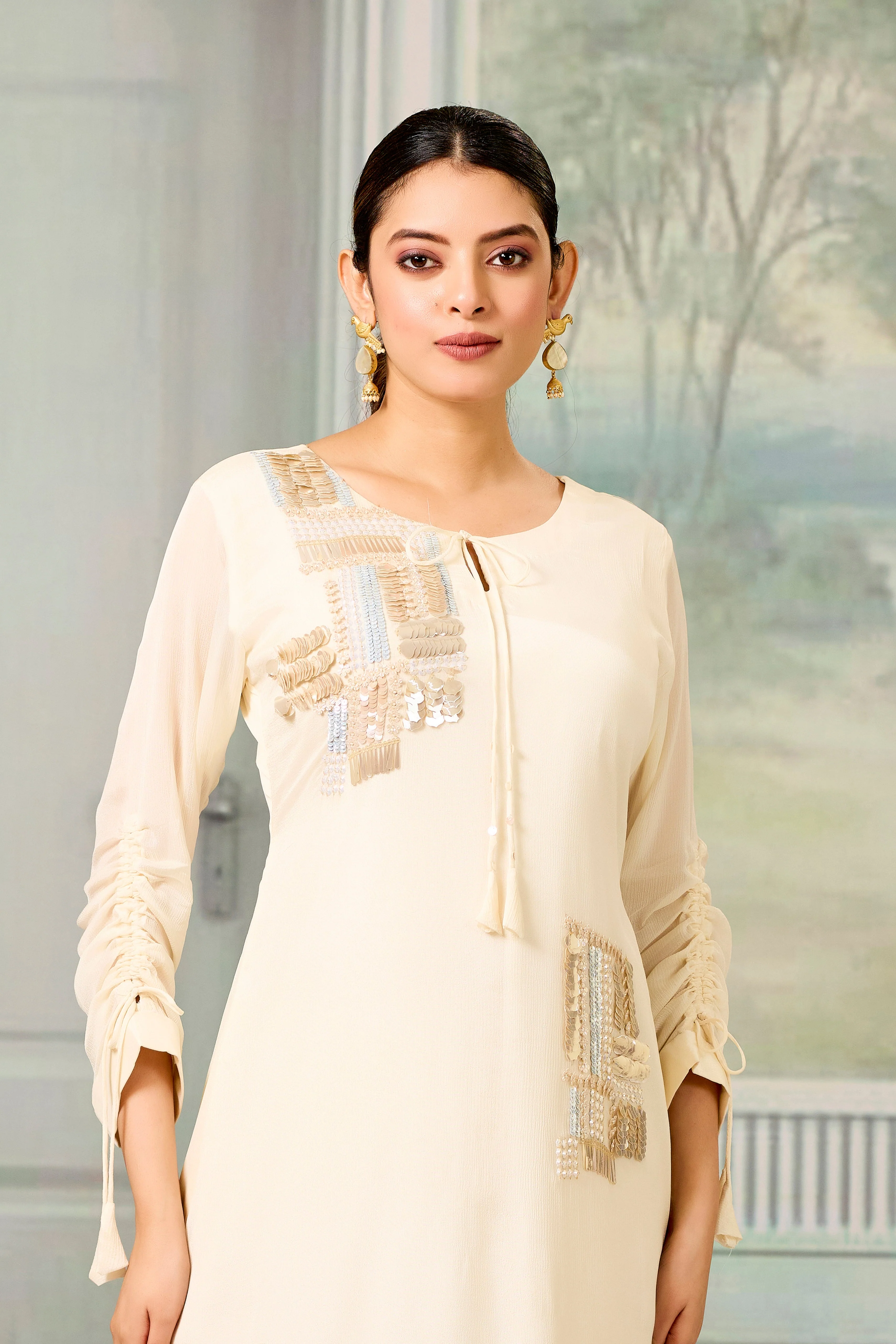 Cream Handwork Chinon Silk Dress - Image 2