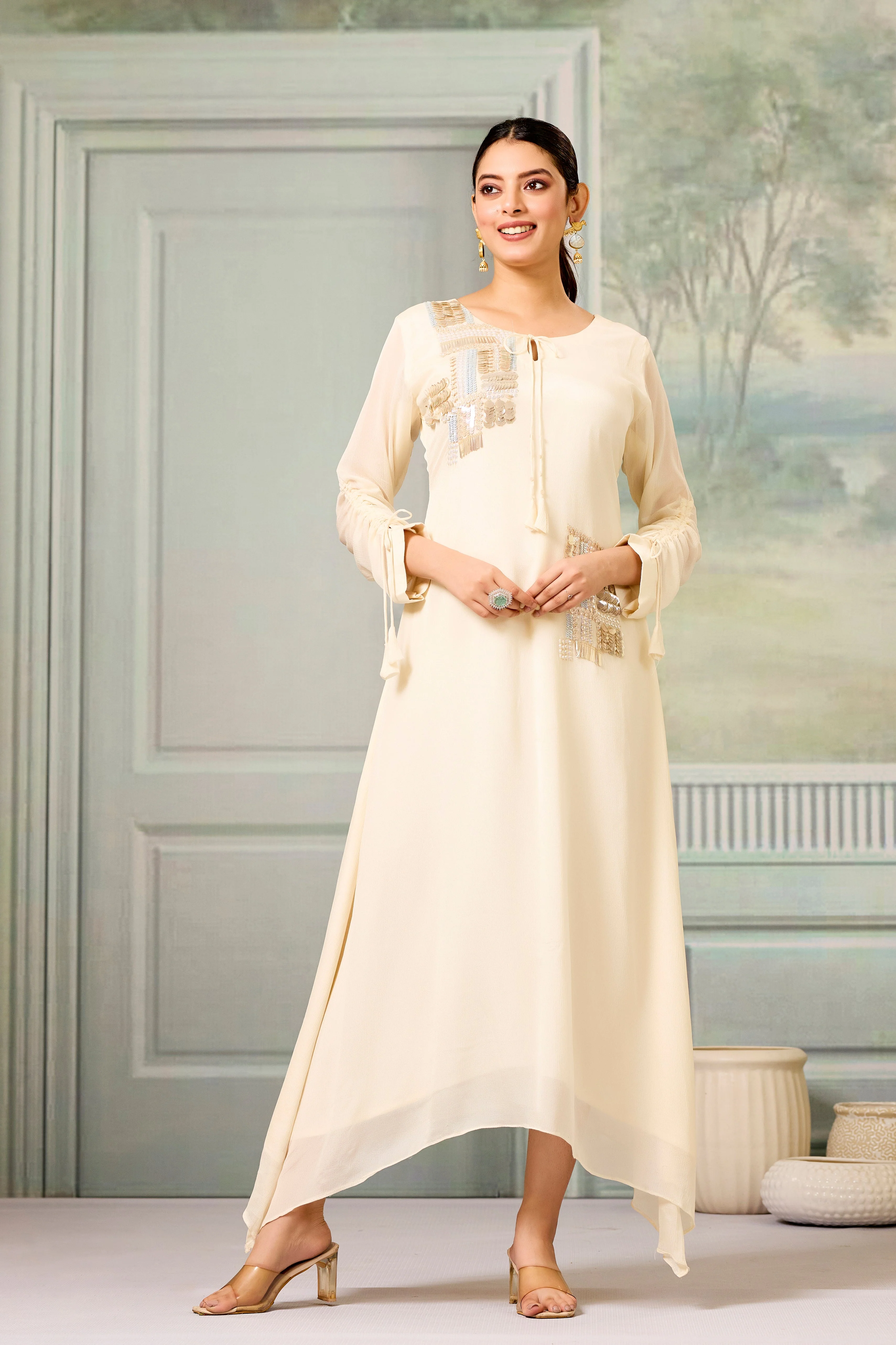 Cream Handwork Chinon Silk Dress - Image 3