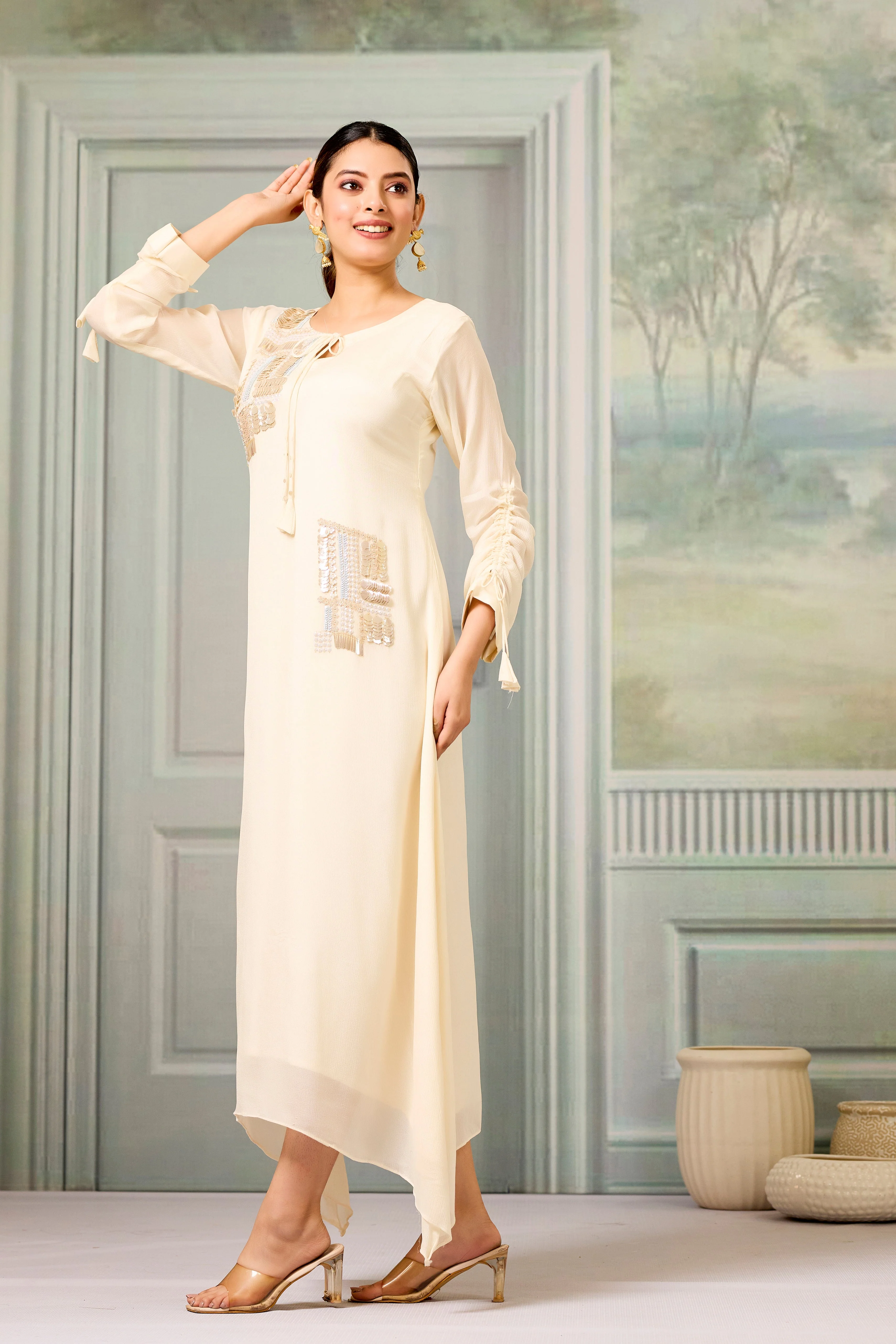 Cream Handwork Chinon Silk Dress - Image 4