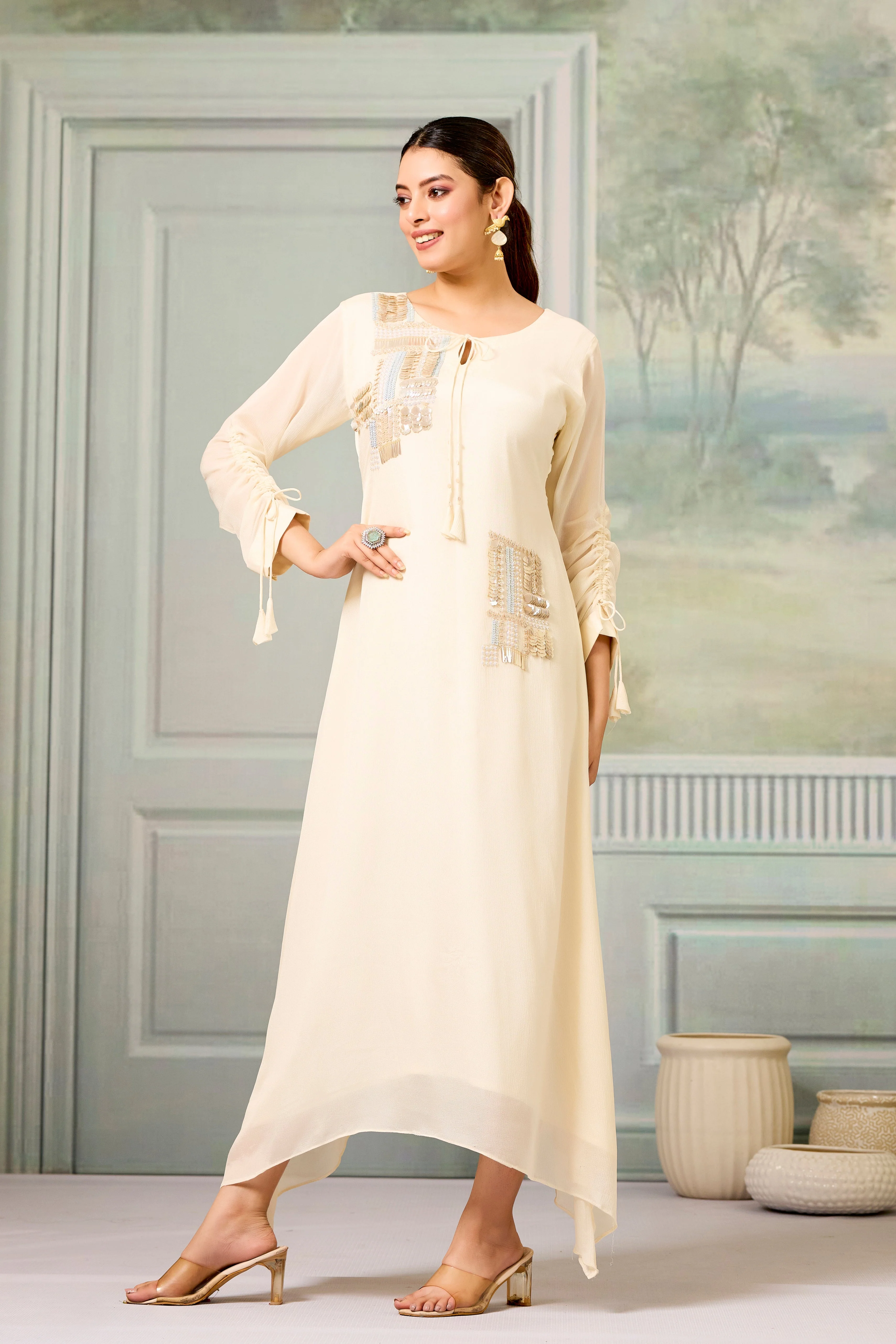Cream Handwork Chinon Silk Dress - Image 5