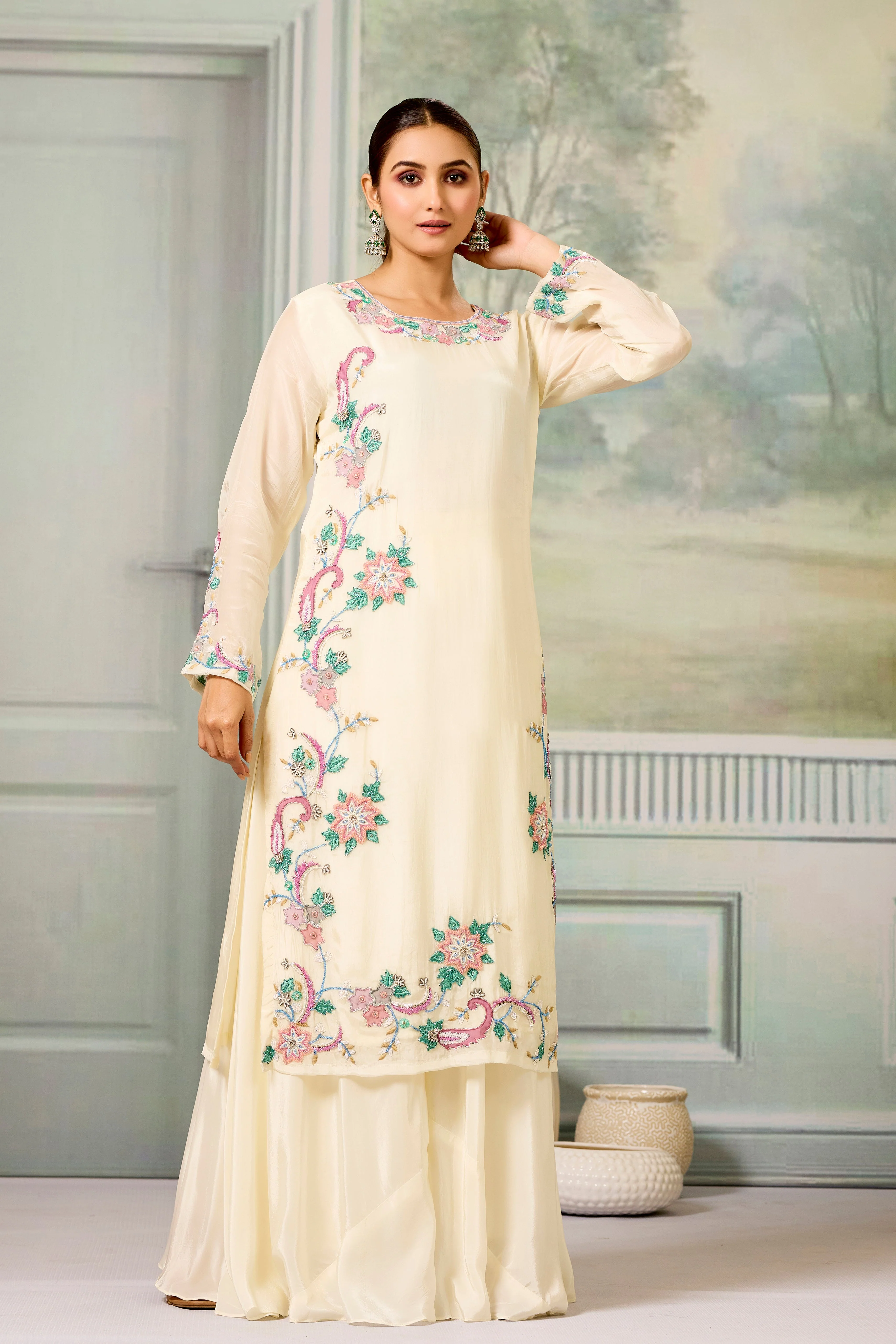 Cream Handwork Glass Organza Silk Palazzo Set - Image 3