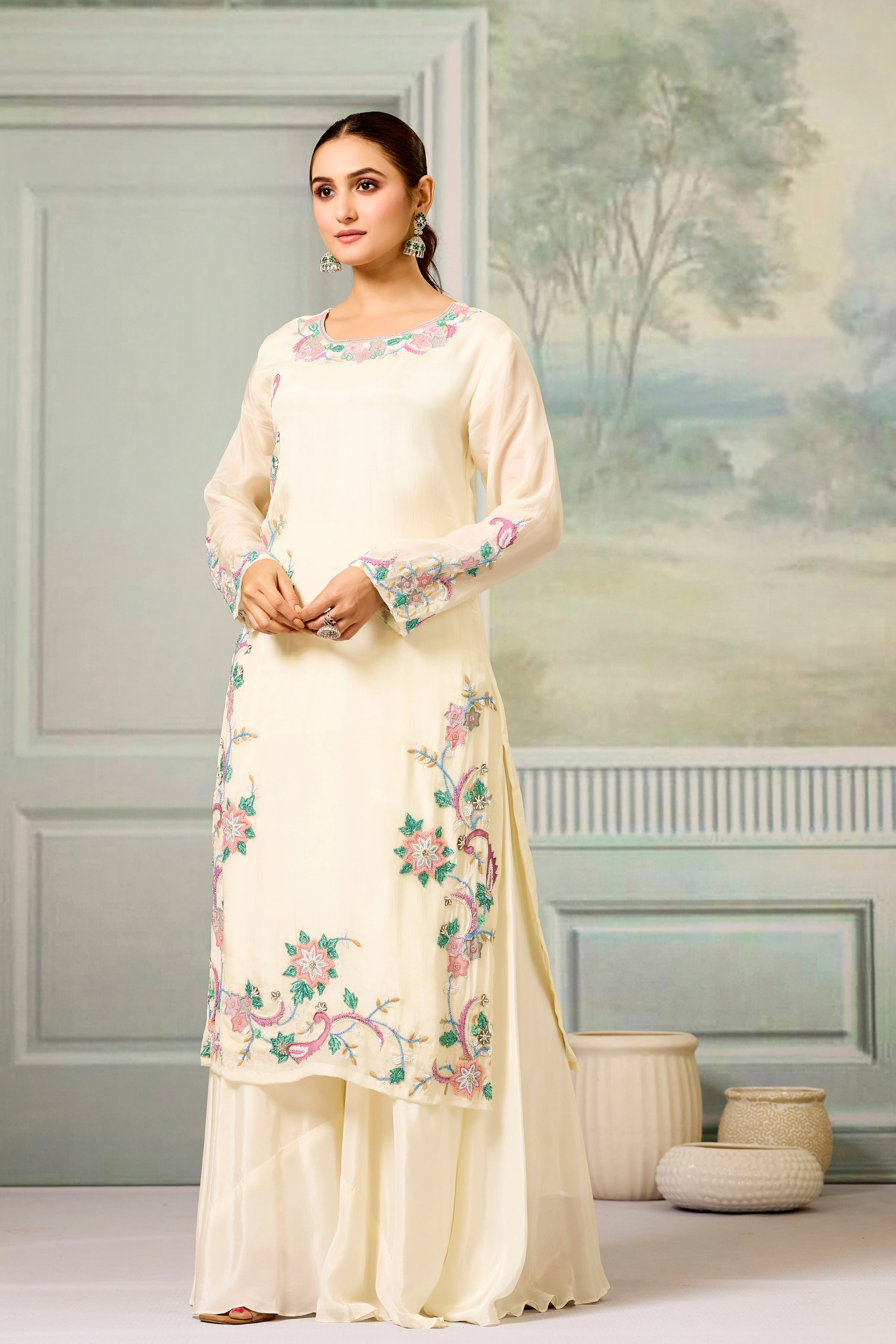 Cream Handwork Glass Organza Silk Palazzo Set - Image 4