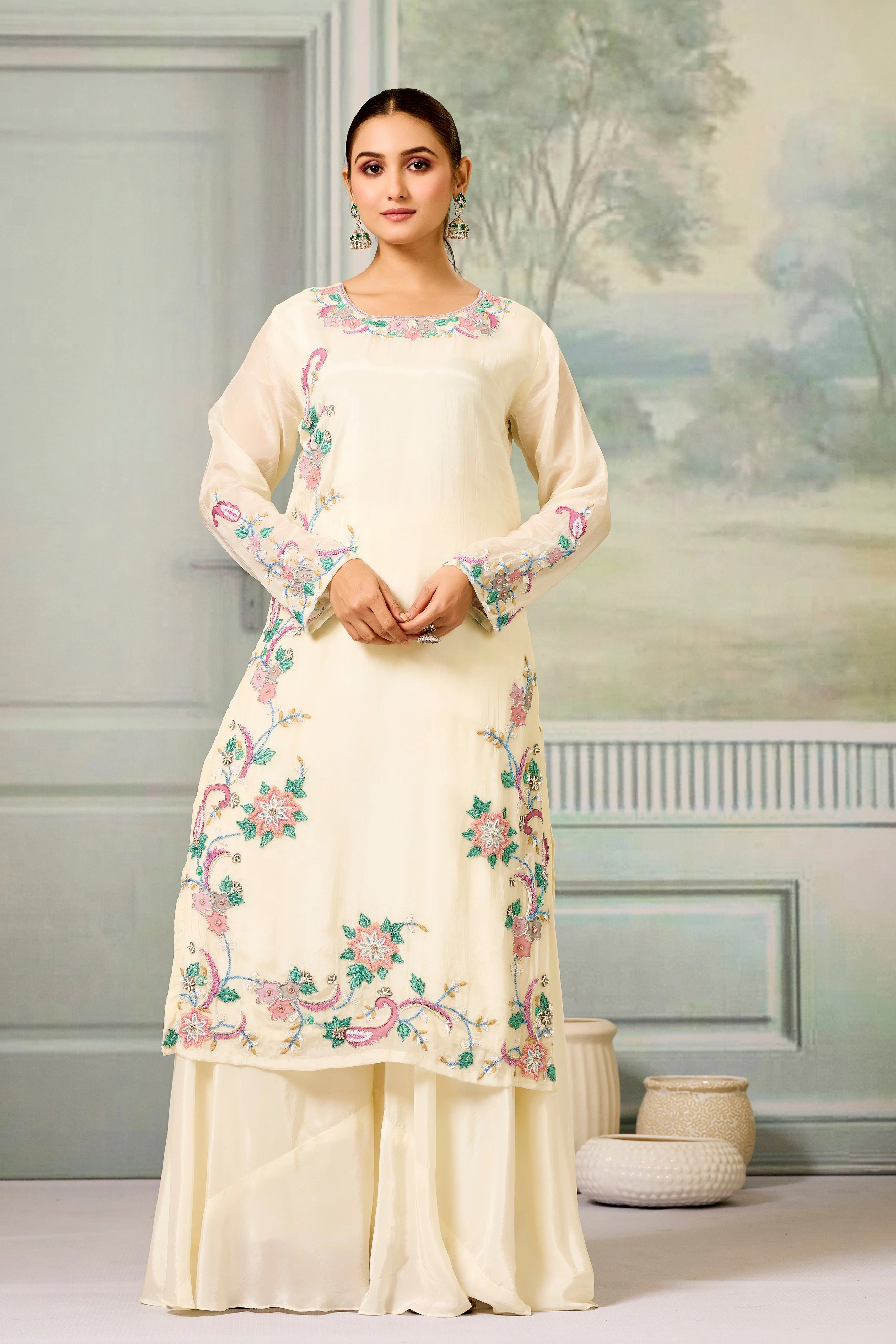 Cream Handwork Glass Organza Silk Palazzo Set - Image 5