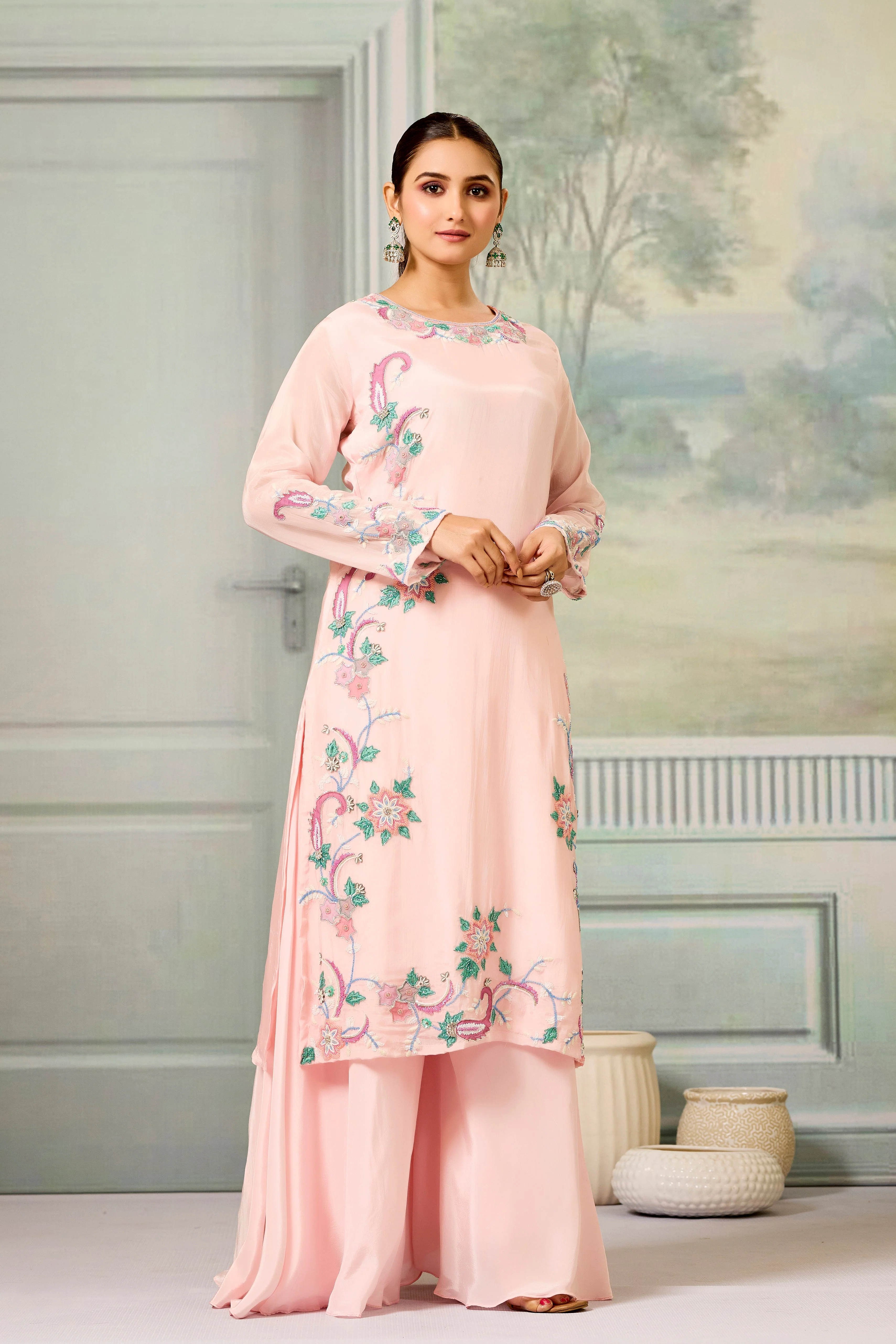 Pink Handwork Glass Organza Silk Palazzo Set - Image 3