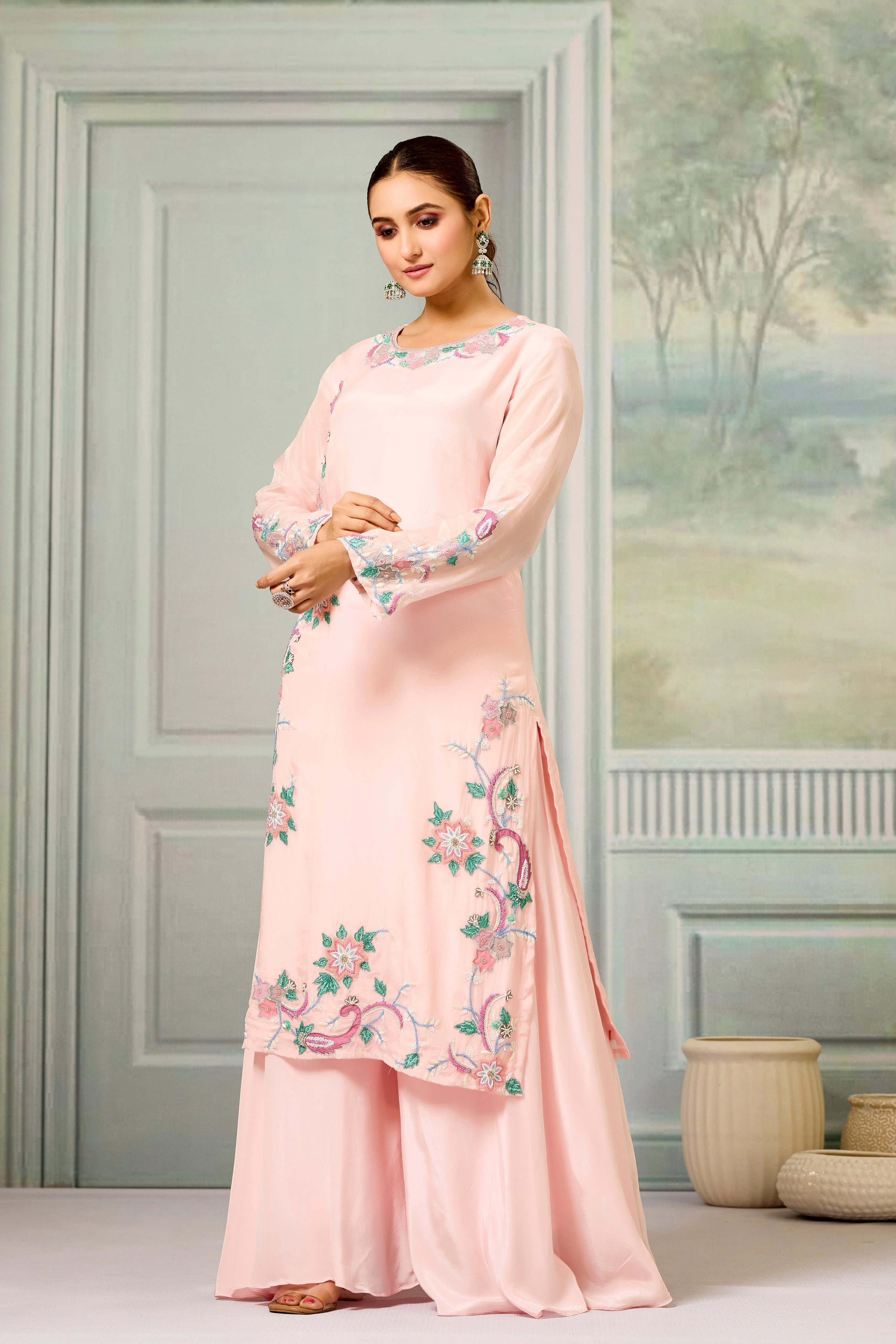 Pink Handwork Glass Organza Silk Palazzo Set - Image 4