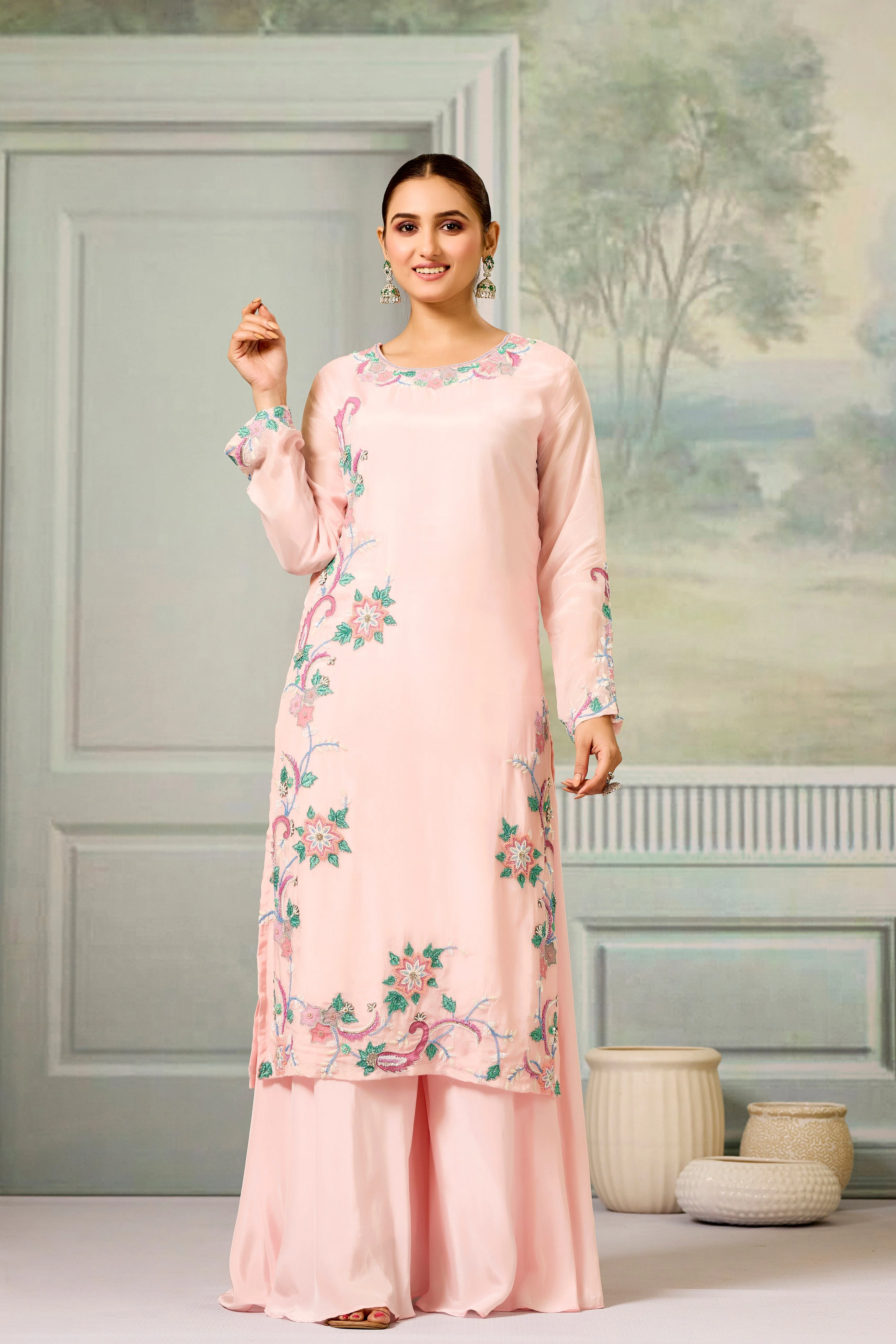 Pink Handwork Glass Organza Silk Palazzo Set - Image 5