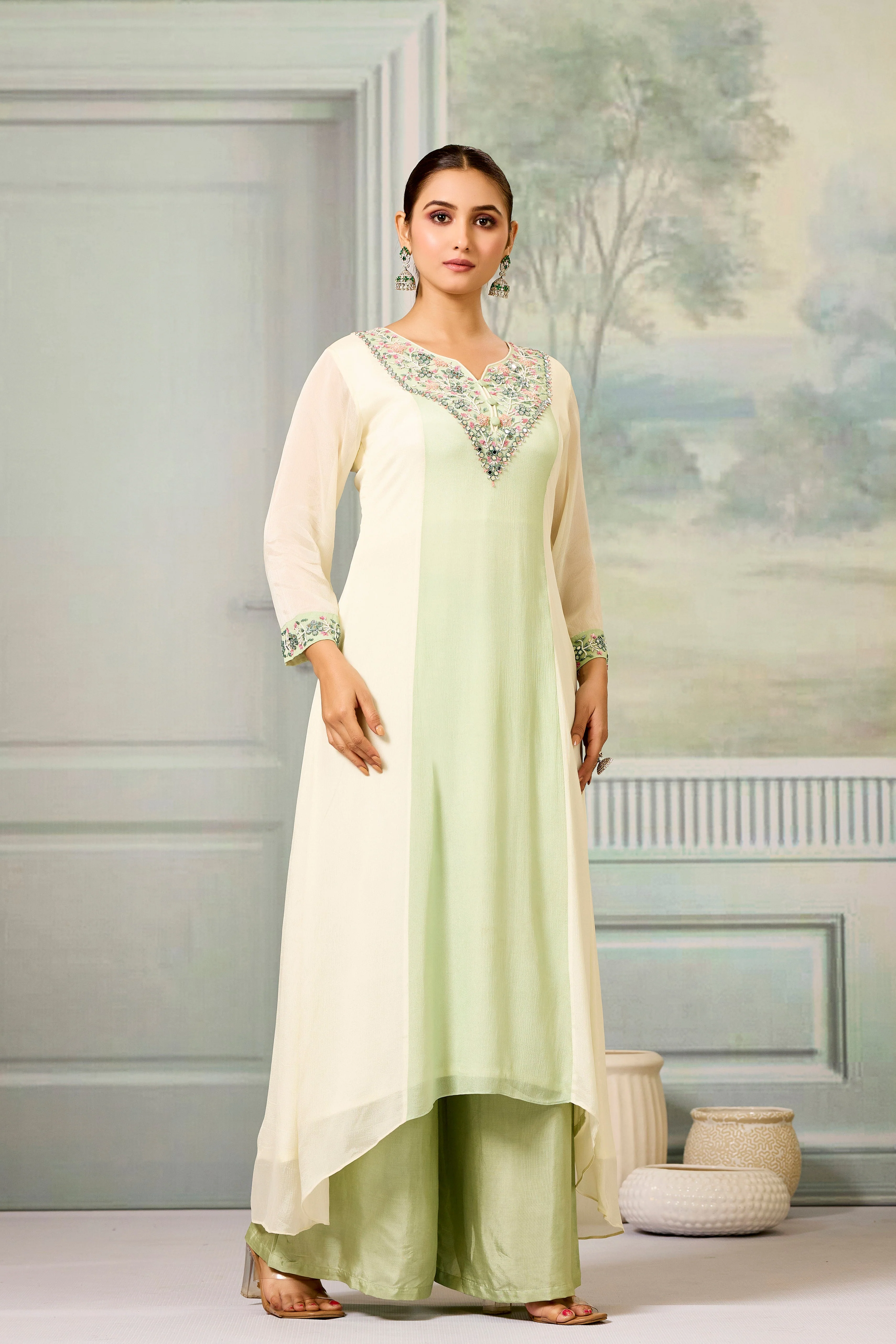 Cream Green Handwork Chinon Silk Palazzo Set - Image 3