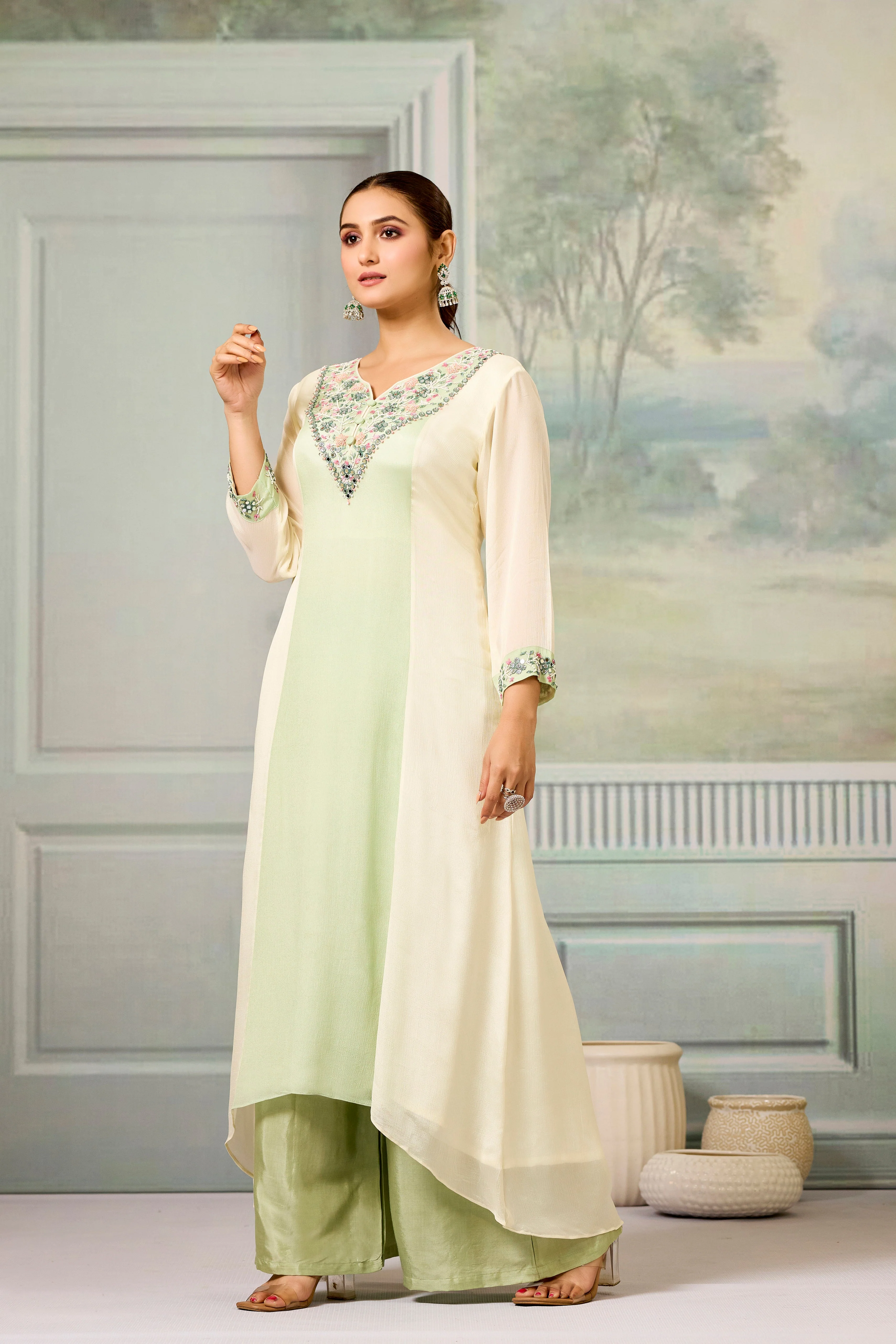 Cream Green Handwork Chinon Silk Palazzo Set - Image 4