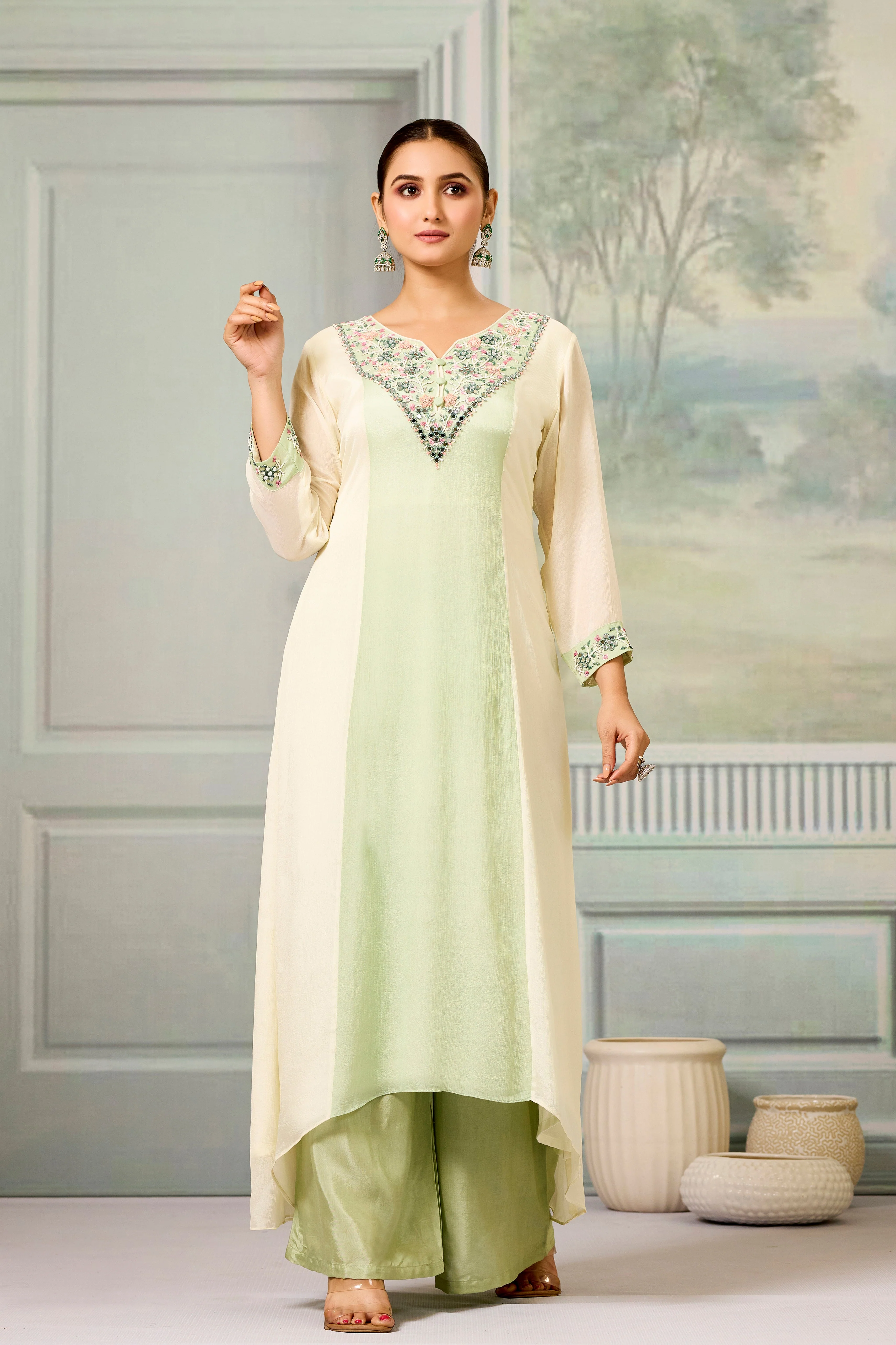 Cream Green Handwork Chinon Silk Palazzo Set - Image 5