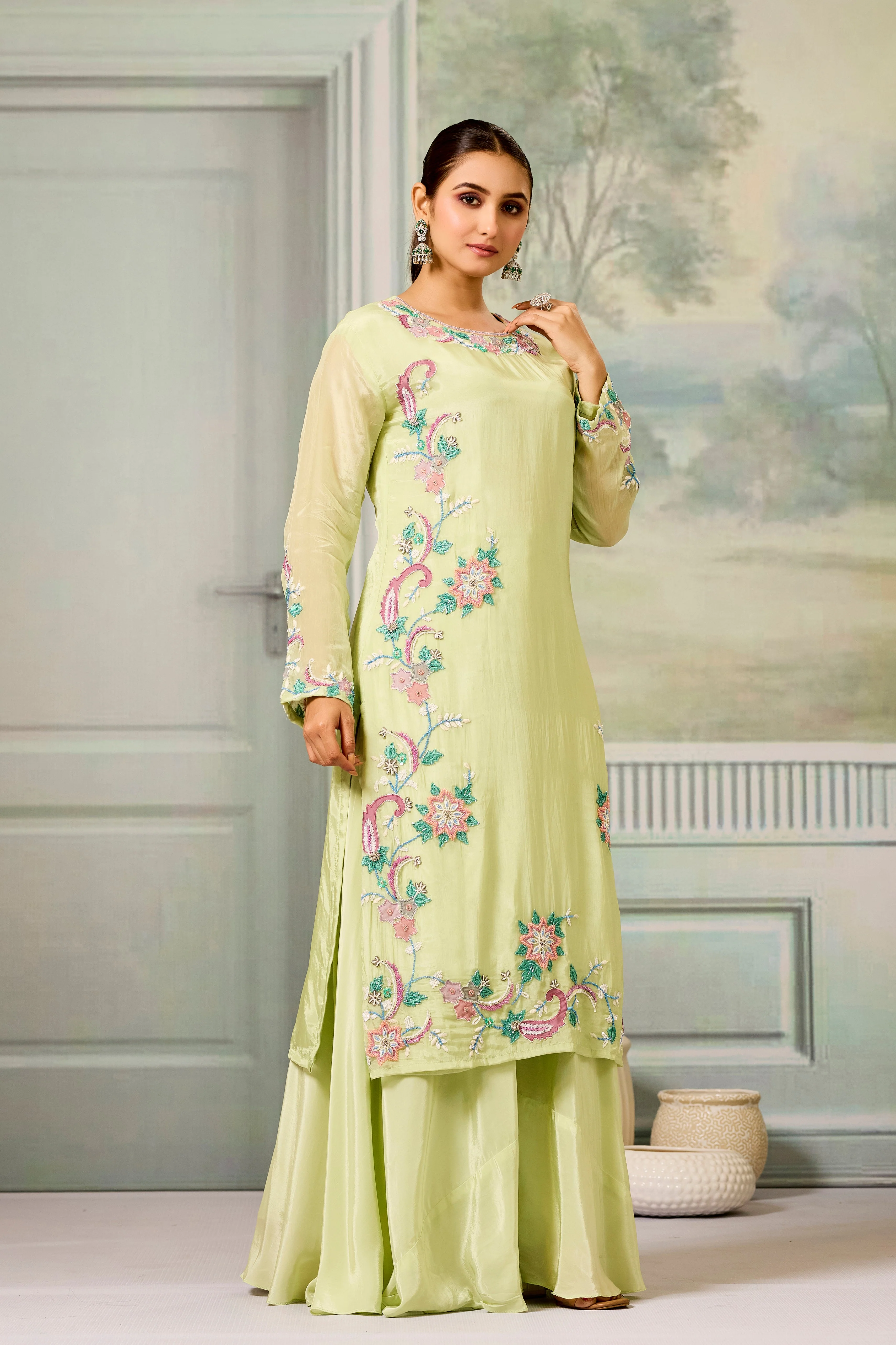 Green Handwork Glass Organza Silk Palazzo Set - Image 3