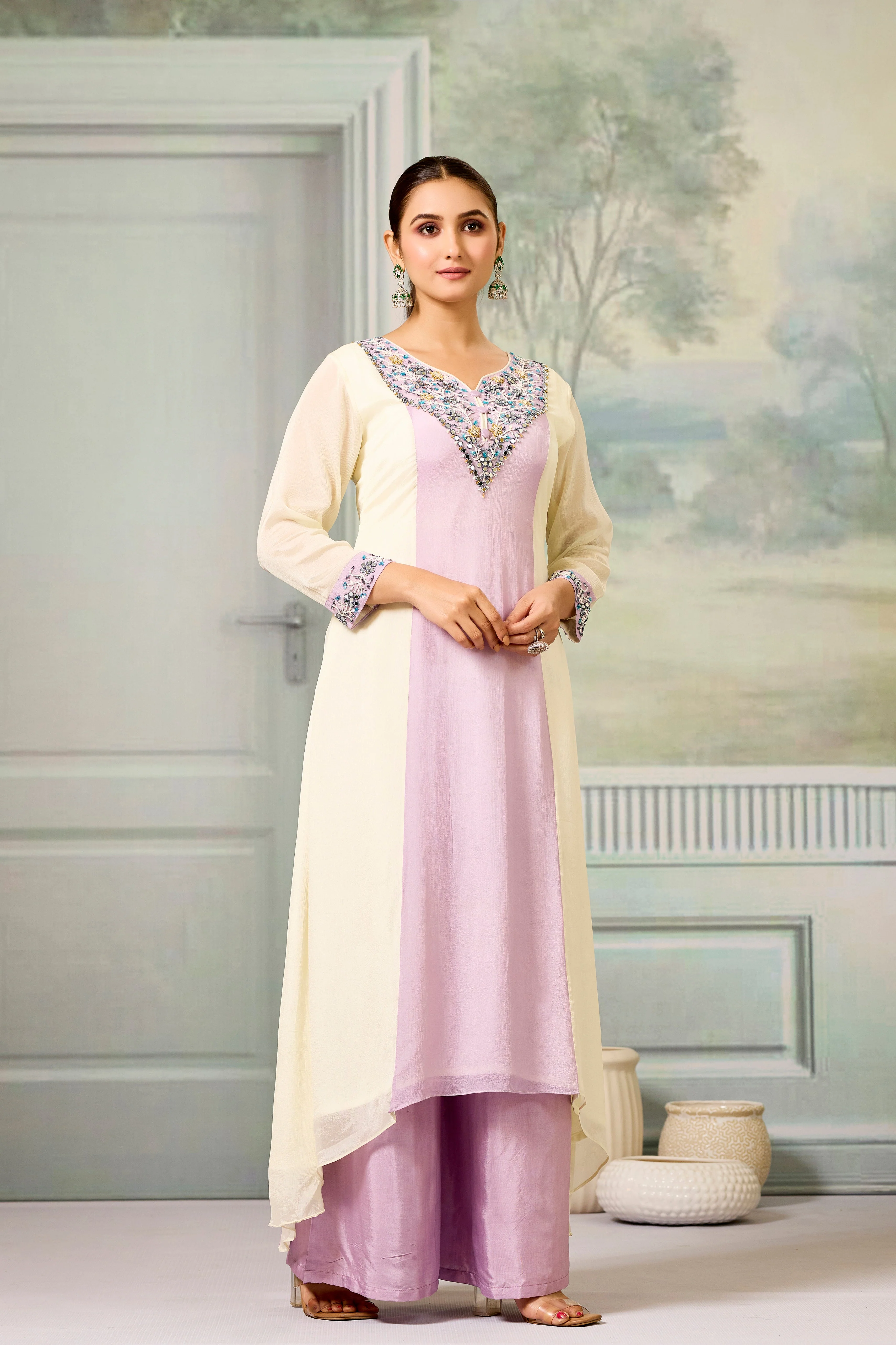 Cream Lavender Handwork Chinon Silk Palazzo Set - Image 3