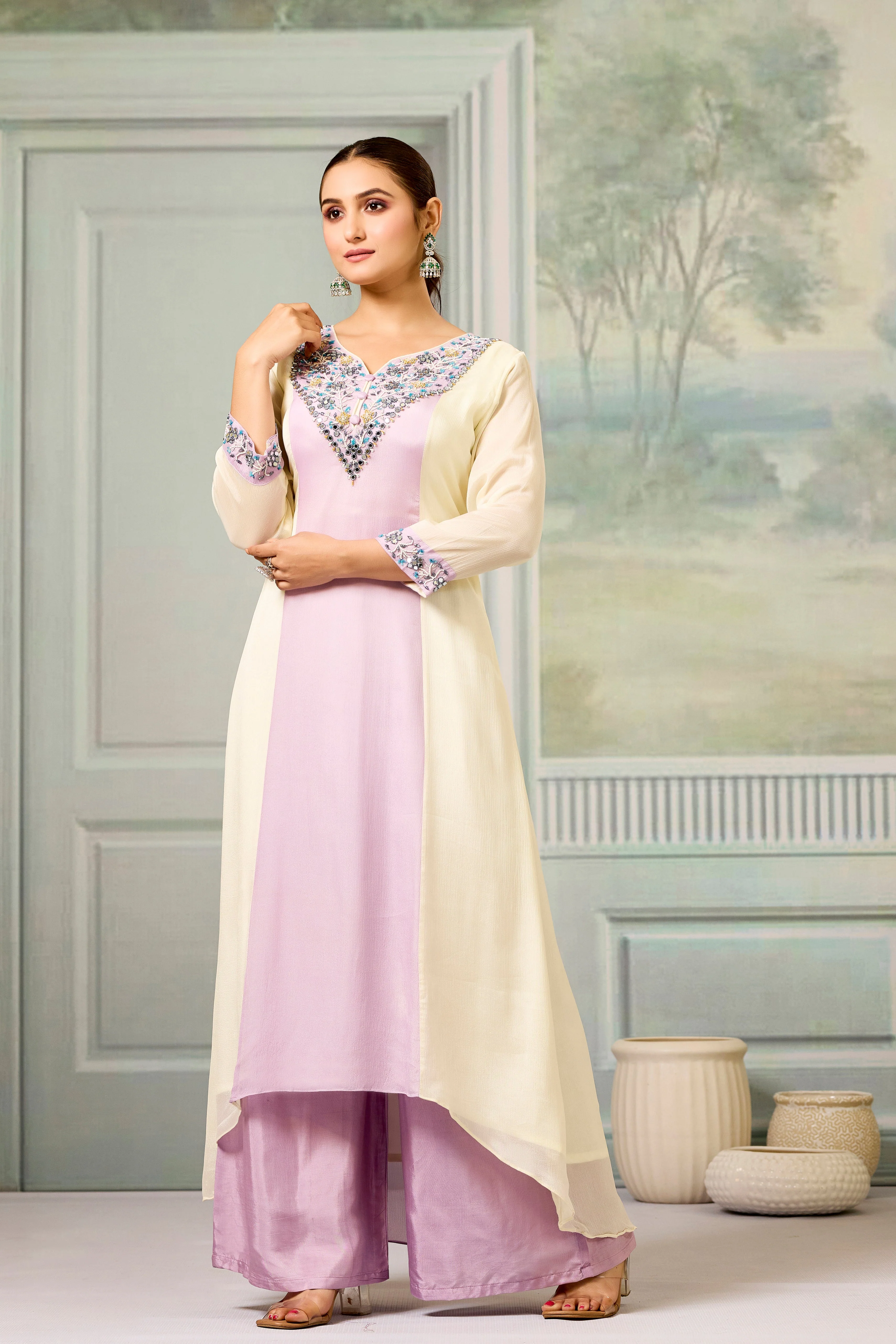 Cream Lavender Handwork Chinon Silk Palazzo Set - Image 4