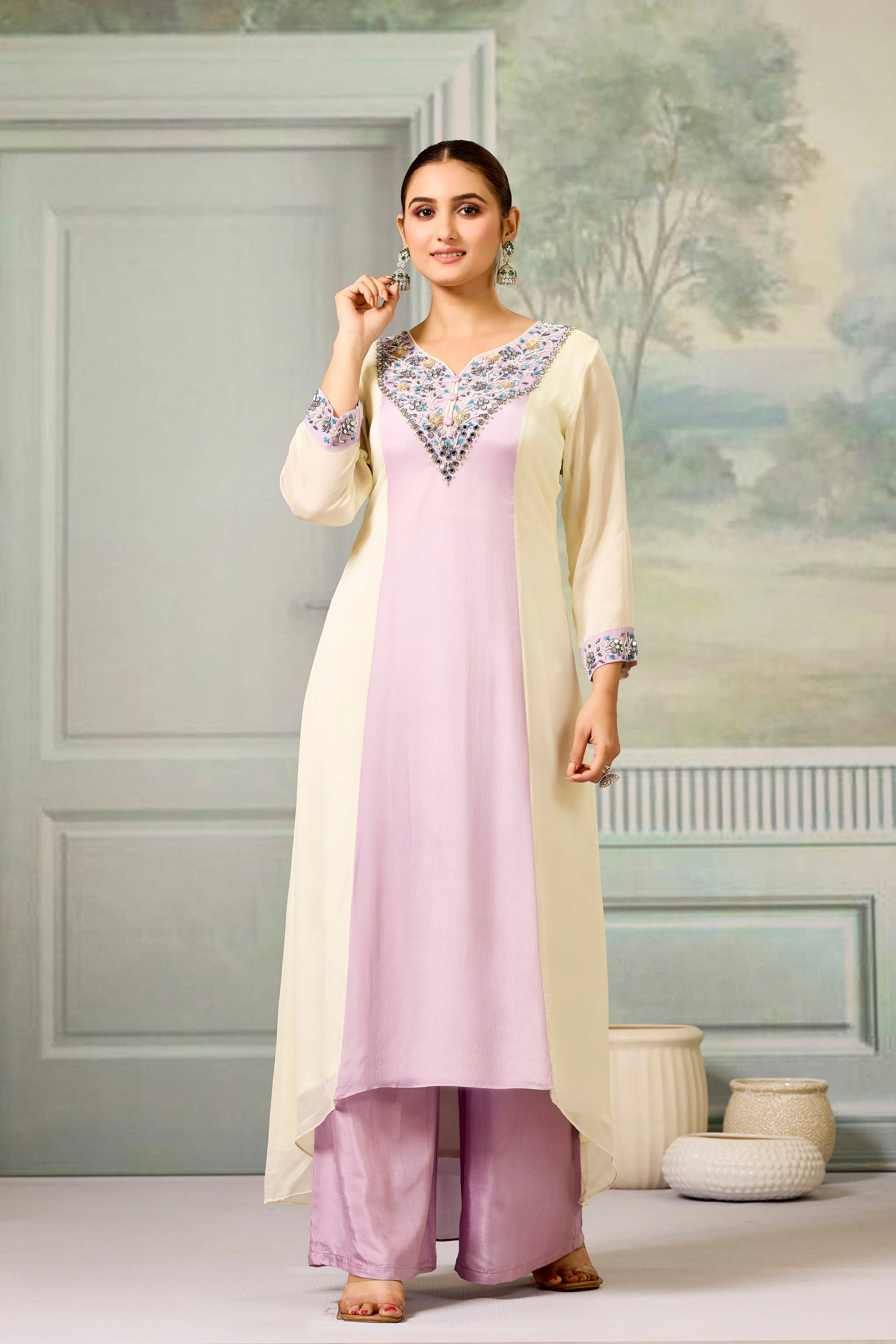Cream Lavender Handwork Chinon Silk Palazzo Set - Image 5