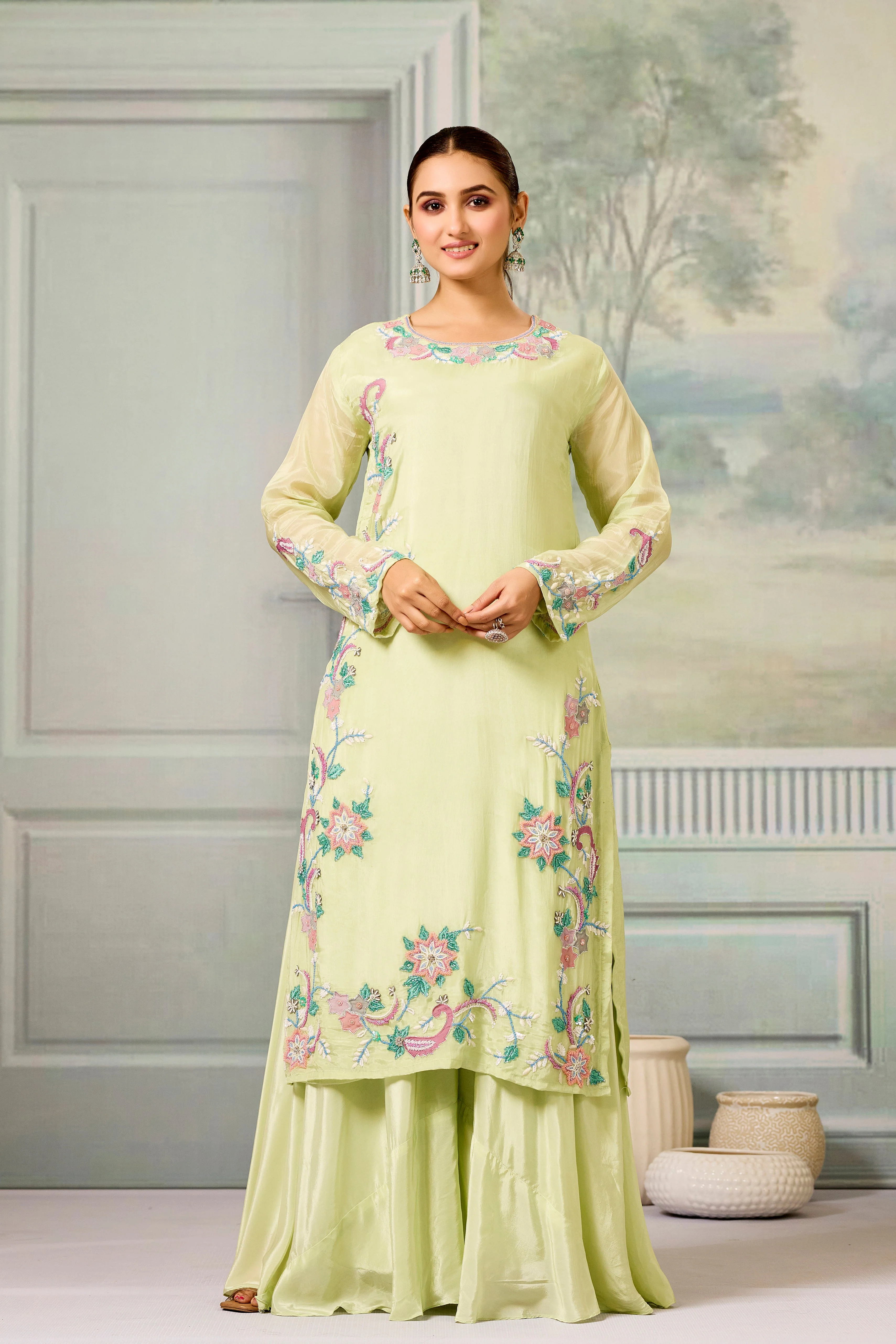 Green Handwork Glass Organza Silk Palazzo Set - Image 4