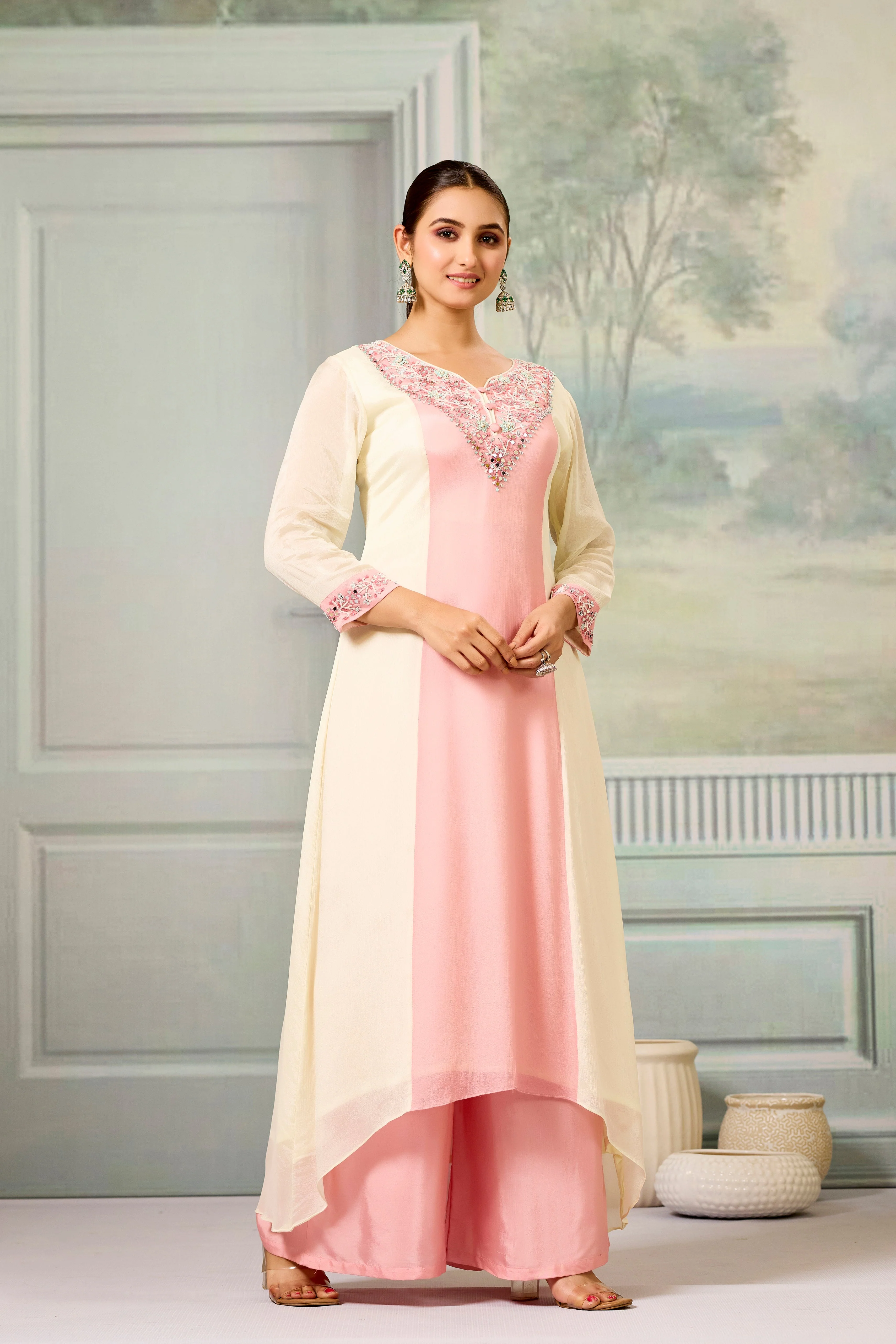 Cream Peach Handwork Chinon Silk Palazzo Set - Image 3