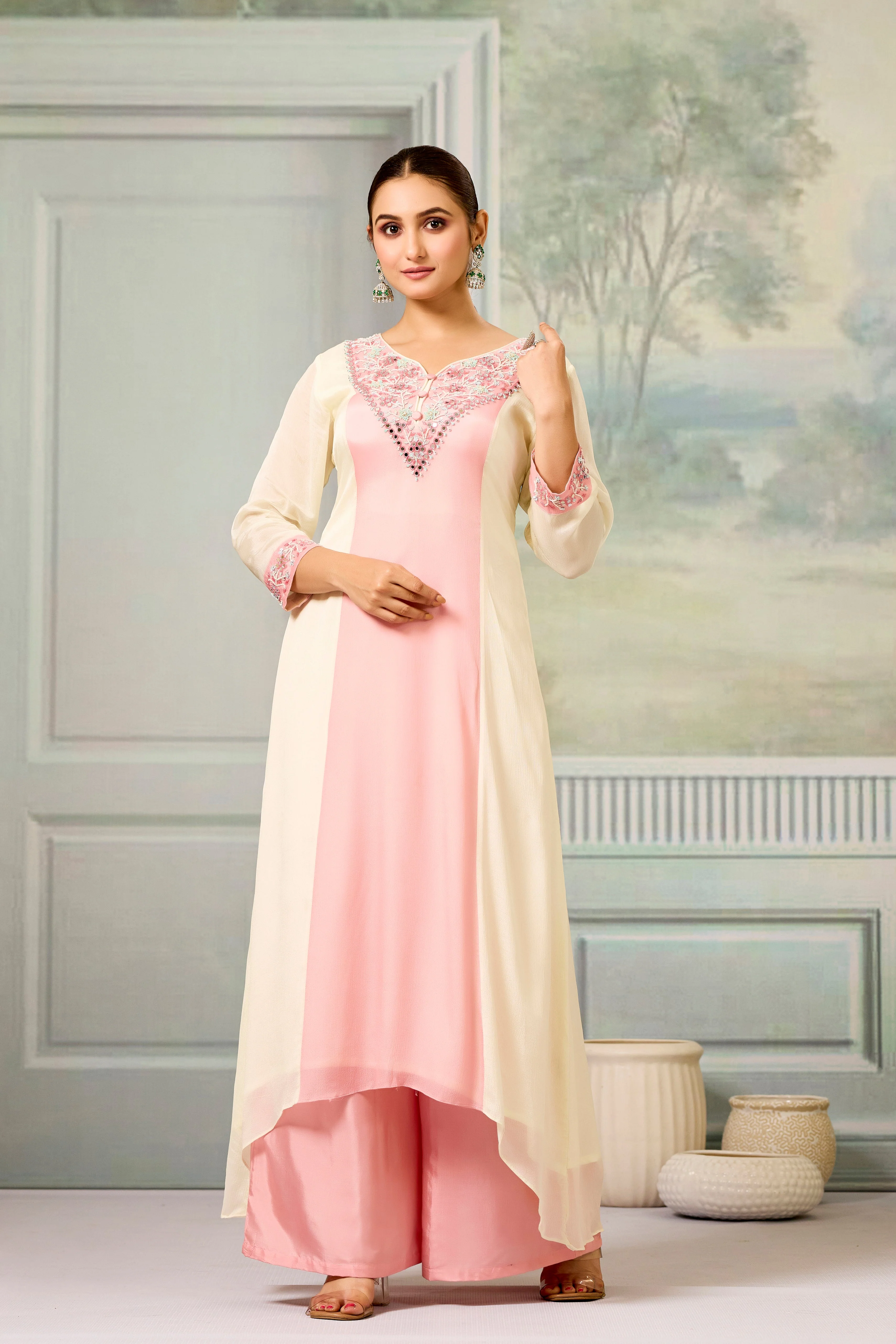 Cream Peach Handwork Chinon Silk Palazzo Set - Image 4