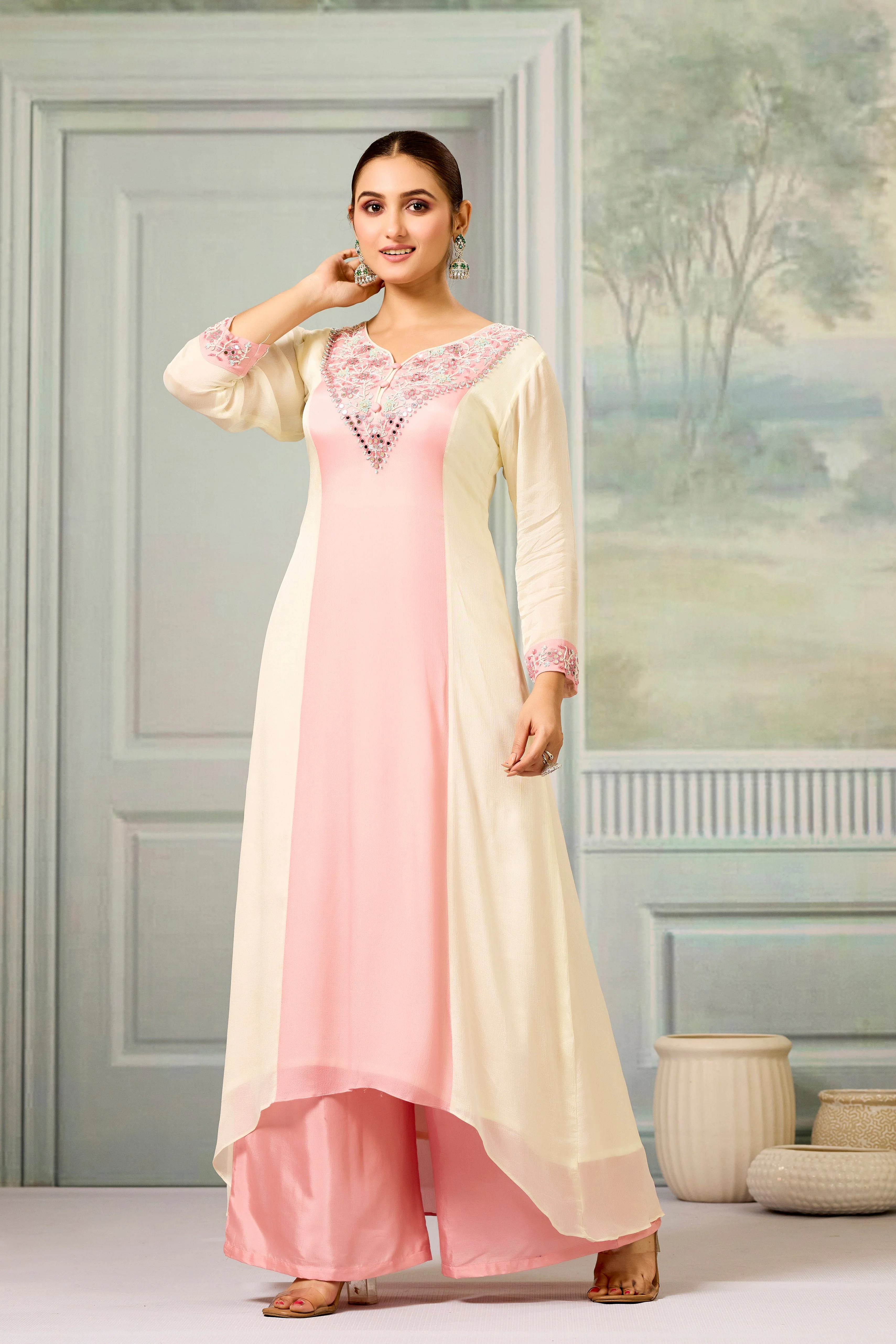 Cream Peach Handwork Chinon Silk Palazzo Set - Image 5