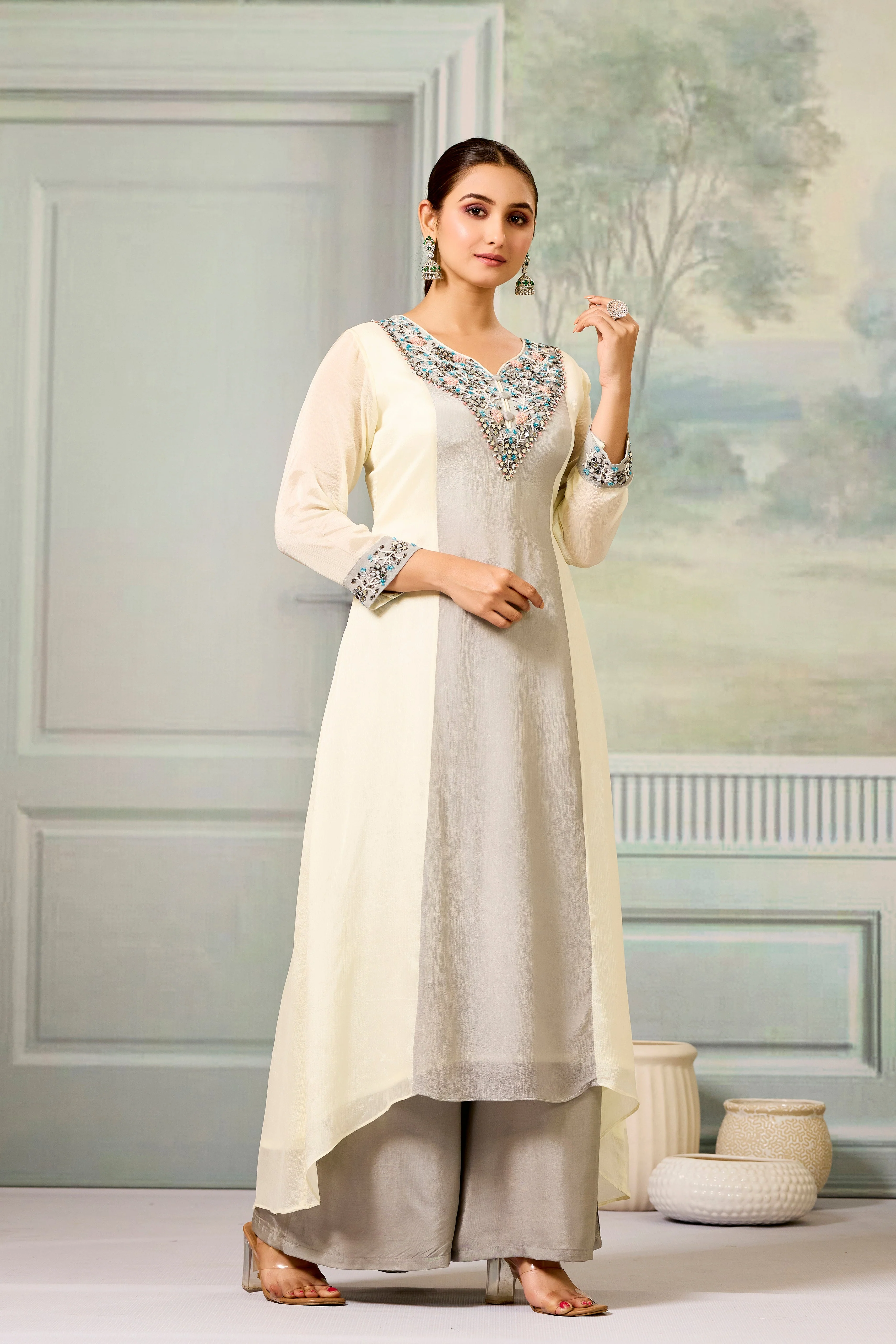 Cream Grey Handwork Chinon Silk Palazzo Set - Image 3