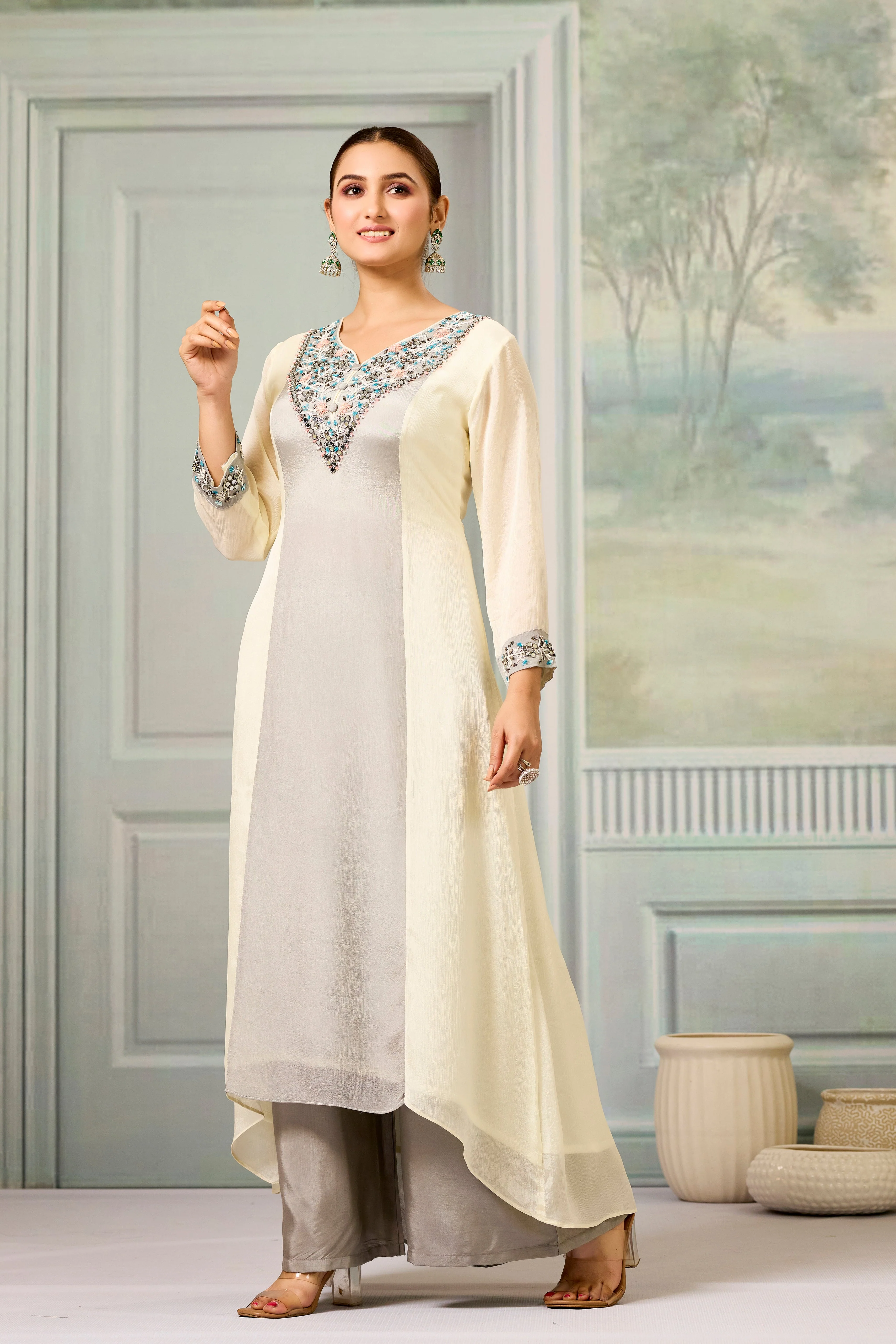 Cream Grey Handwork Chinon Silk Palazzo Set - Image 4