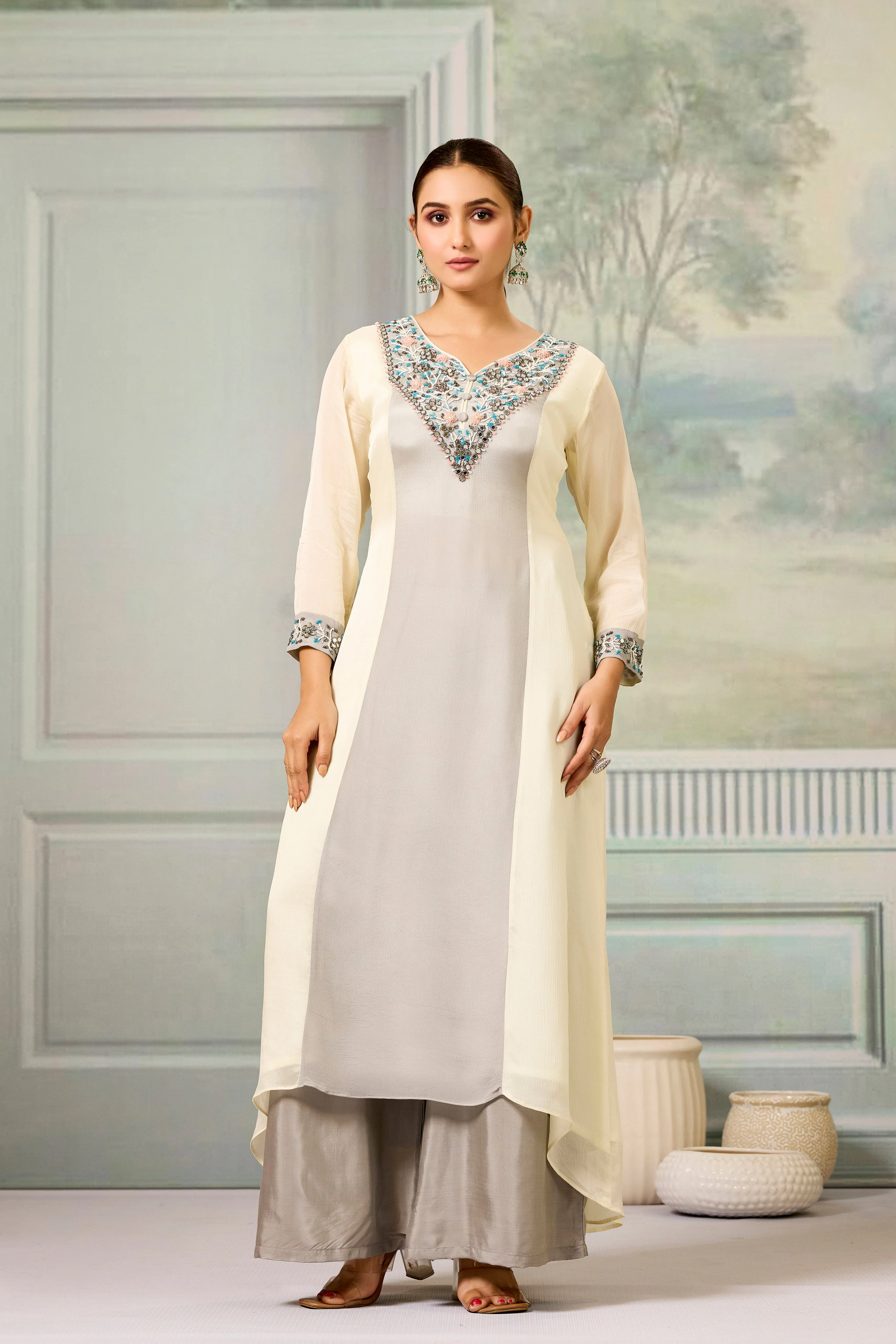 Cream Grey Handwork Chinon Silk Palazzo Set - Image 5