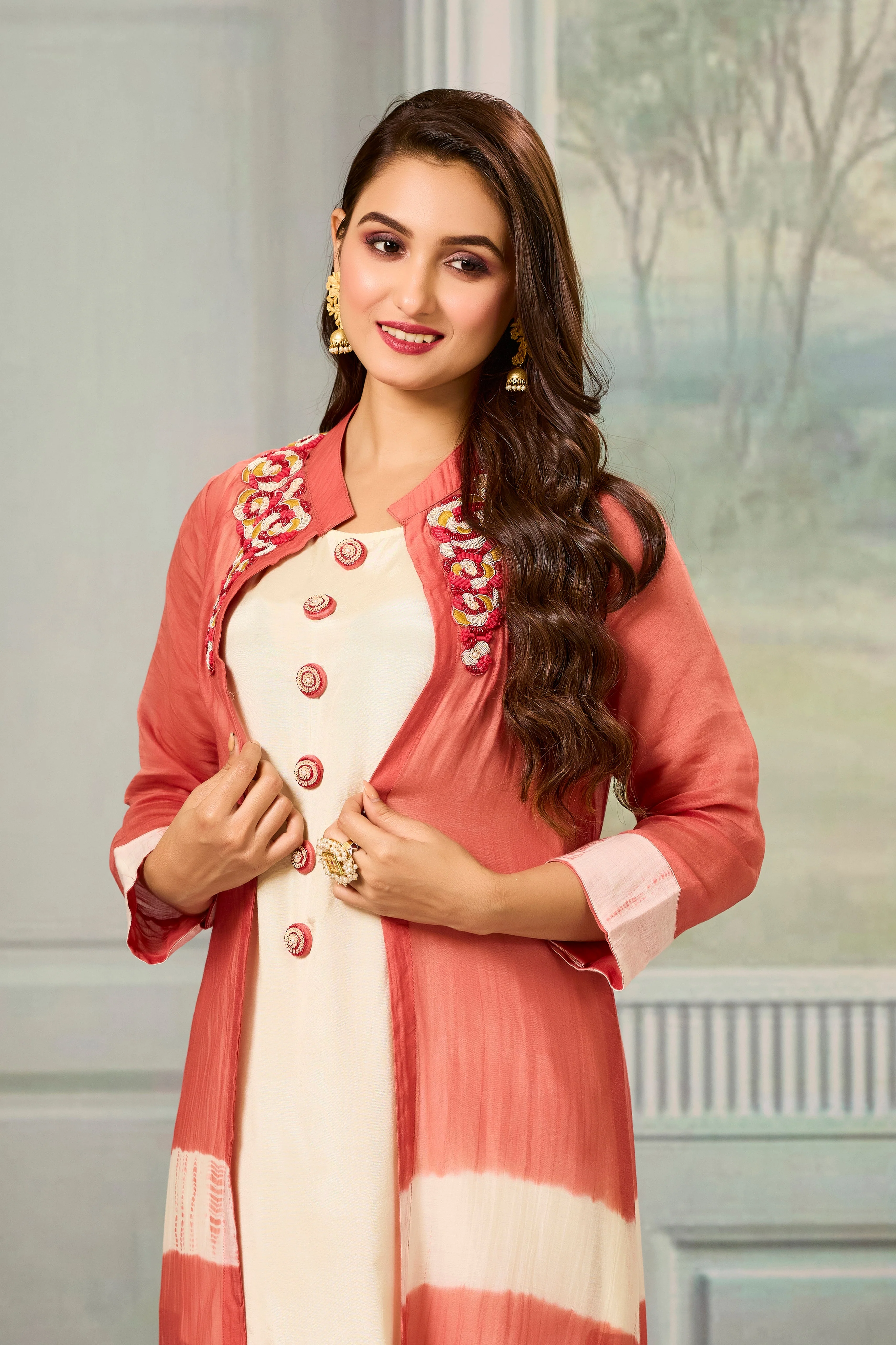 Cream Red Mul-Chanderi Silk Kurta Pants Set - Image 2