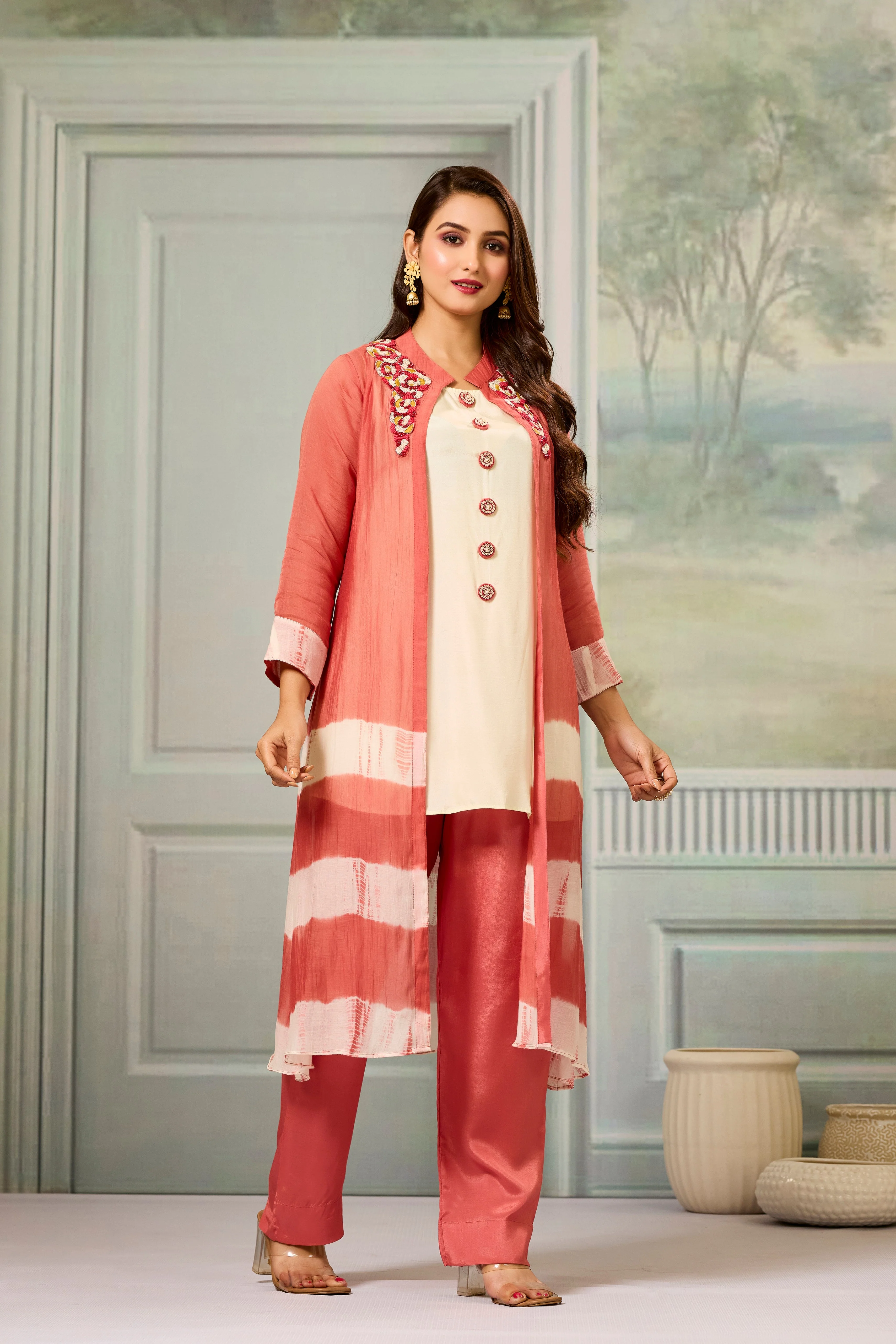 Cream Red Mul-Chanderi Silk Kurta Pants Set - Image 3