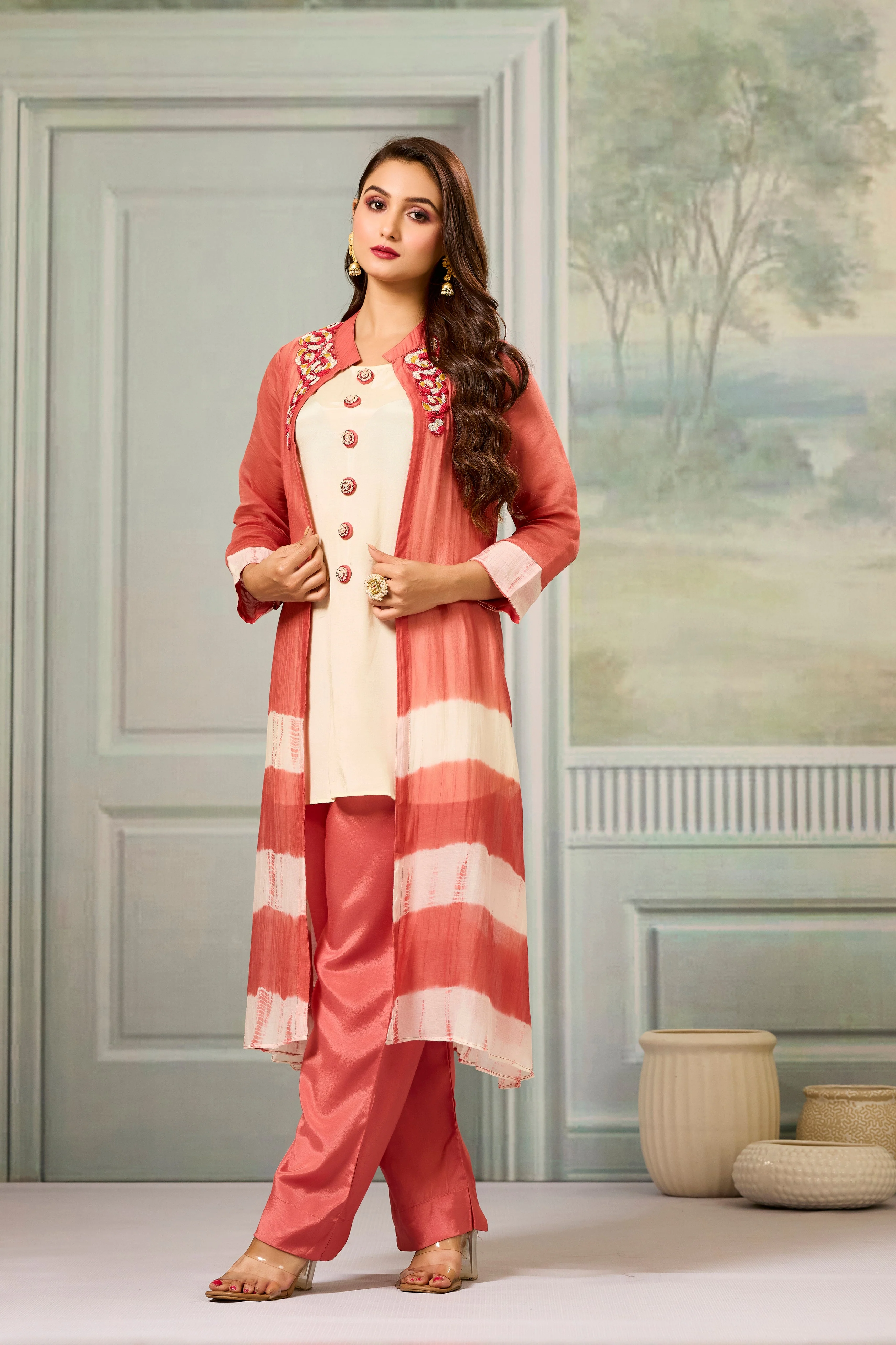 Cream Red Mul-Chanderi Silk Kurta Pants Set - Image 4