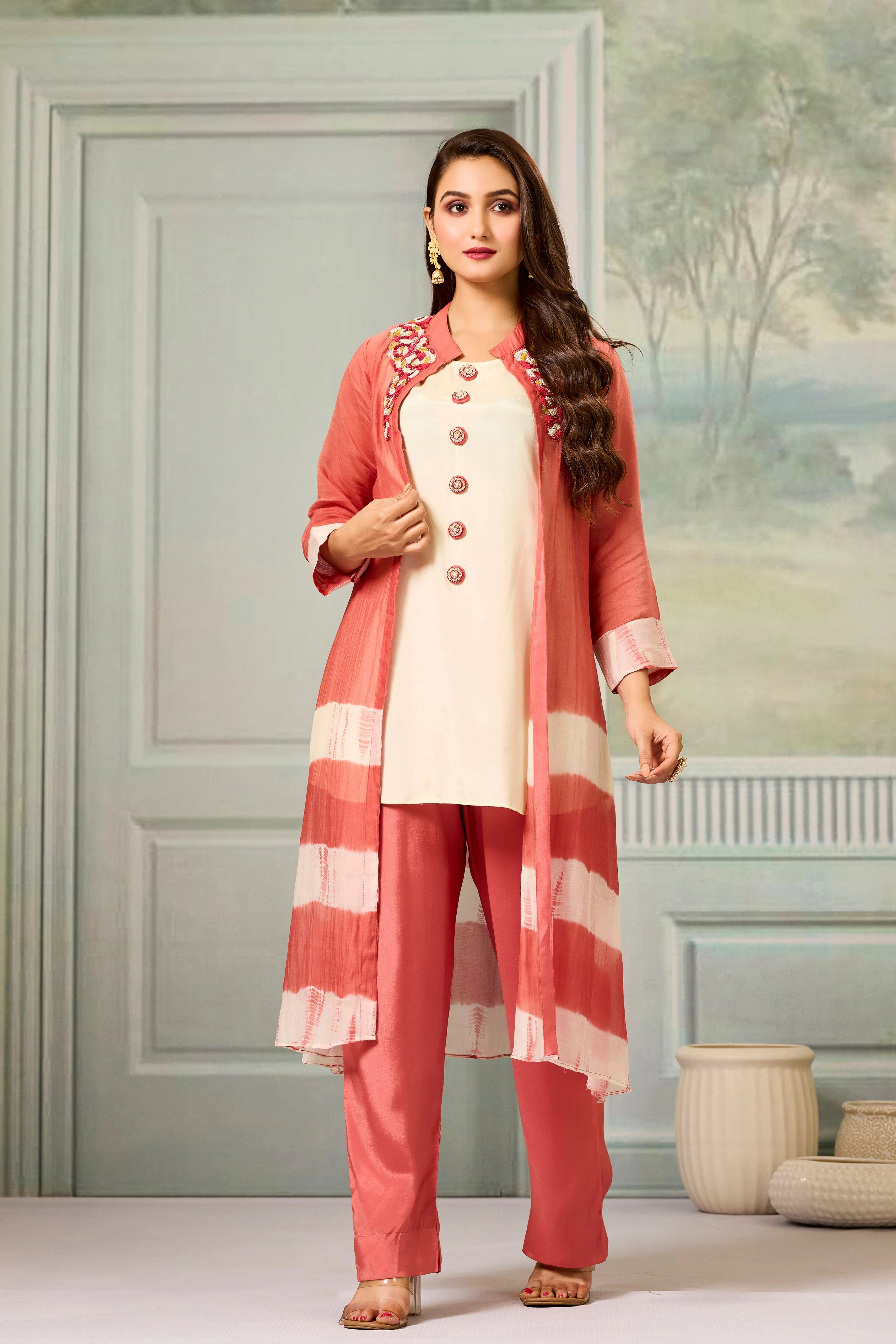 Cream Red Mul-Chanderi Silk Kurta Pants Set - Image 5