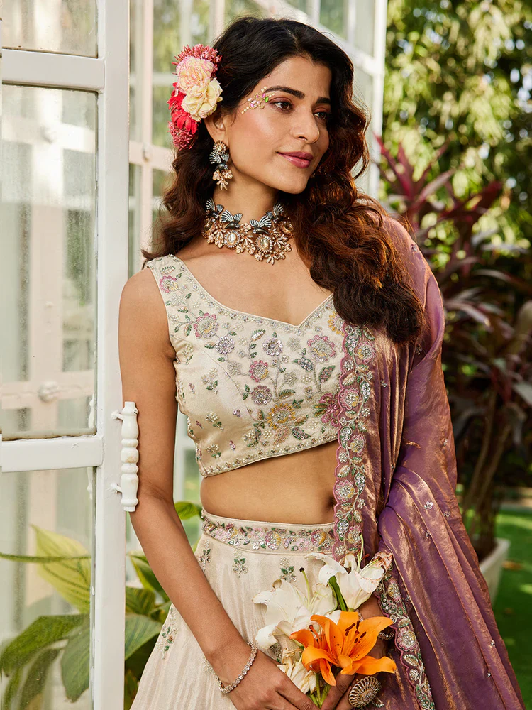 Cream & Lavender Embellished Shimmer Tissue Silk Lehenga Set - Image 2