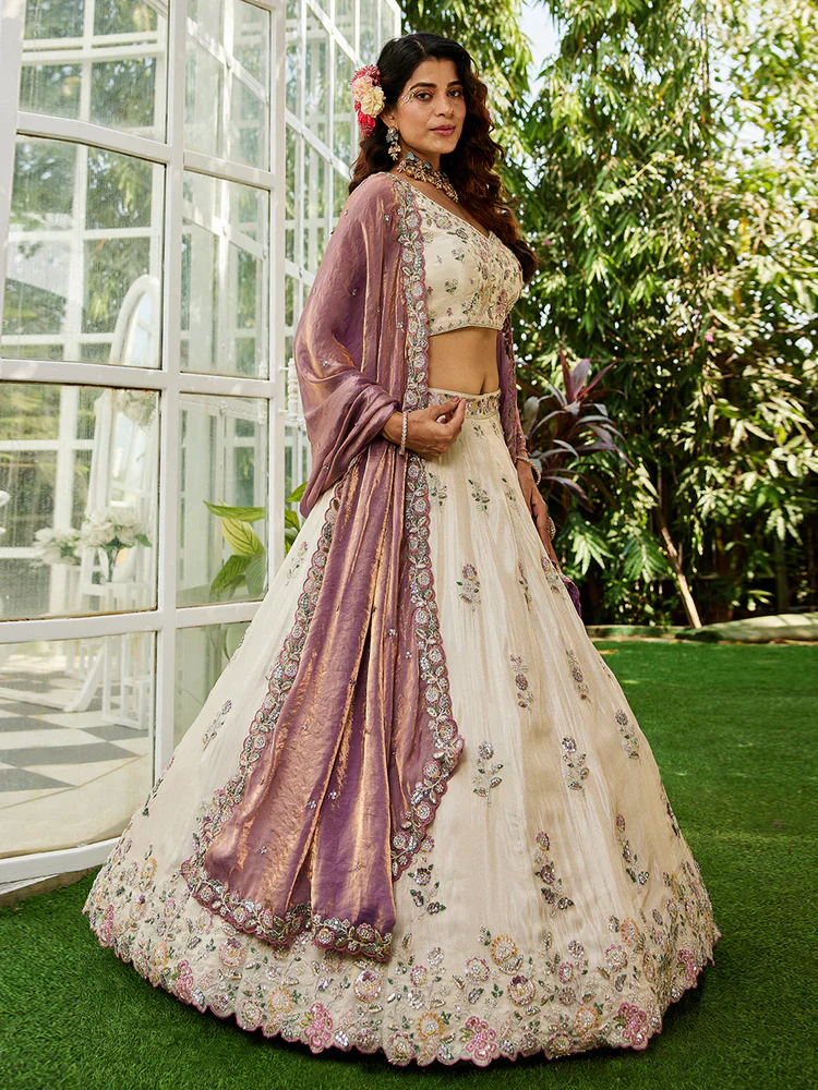 Cream & Lavender Embellished Shimmer Tissue Silk Lehenga Set - Image 4