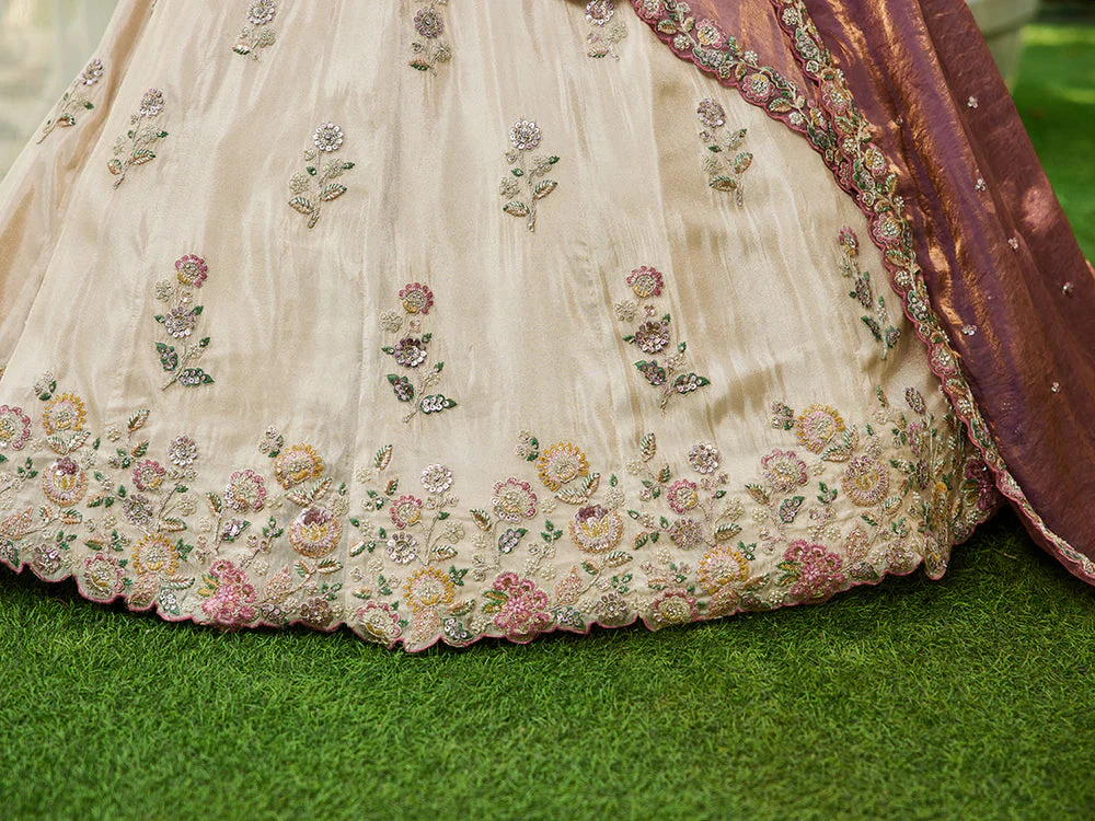 Cream & Lavender Embellished Shimmer Tissue Silk Lehenga Set - Image 6