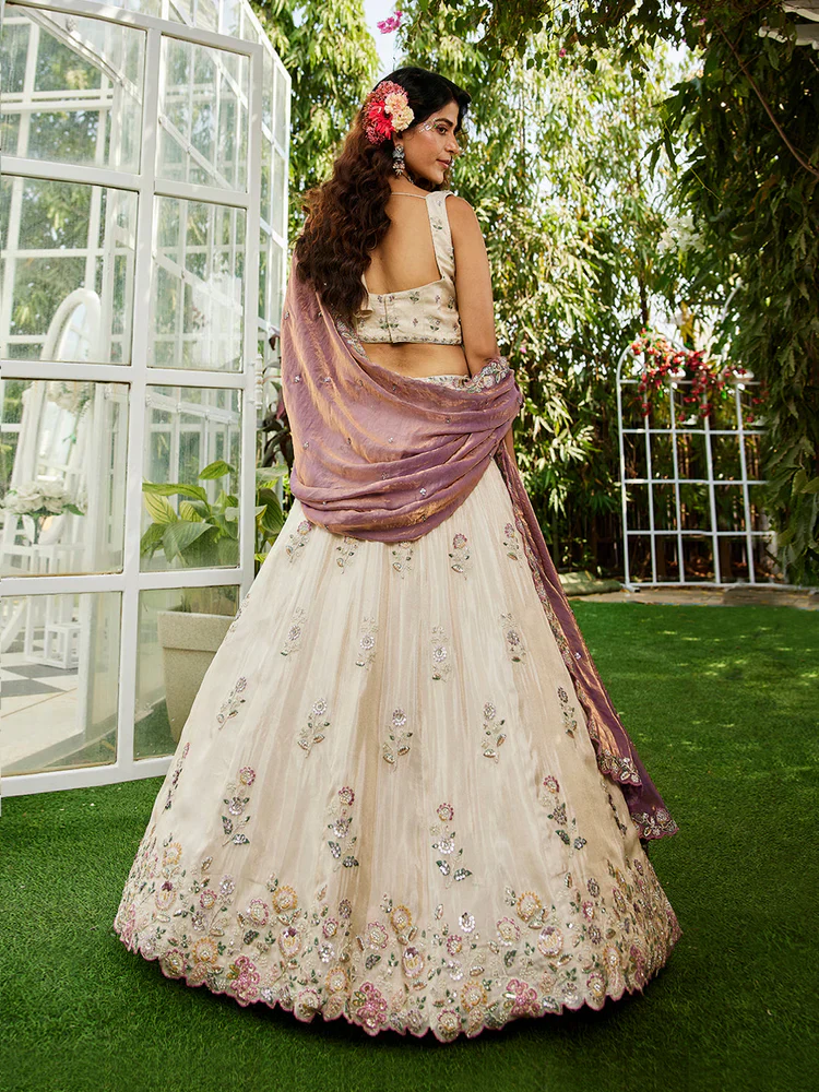 Cream & Lavender Embellished Shimmer Tissue Silk Lehenga Set - Image 7
