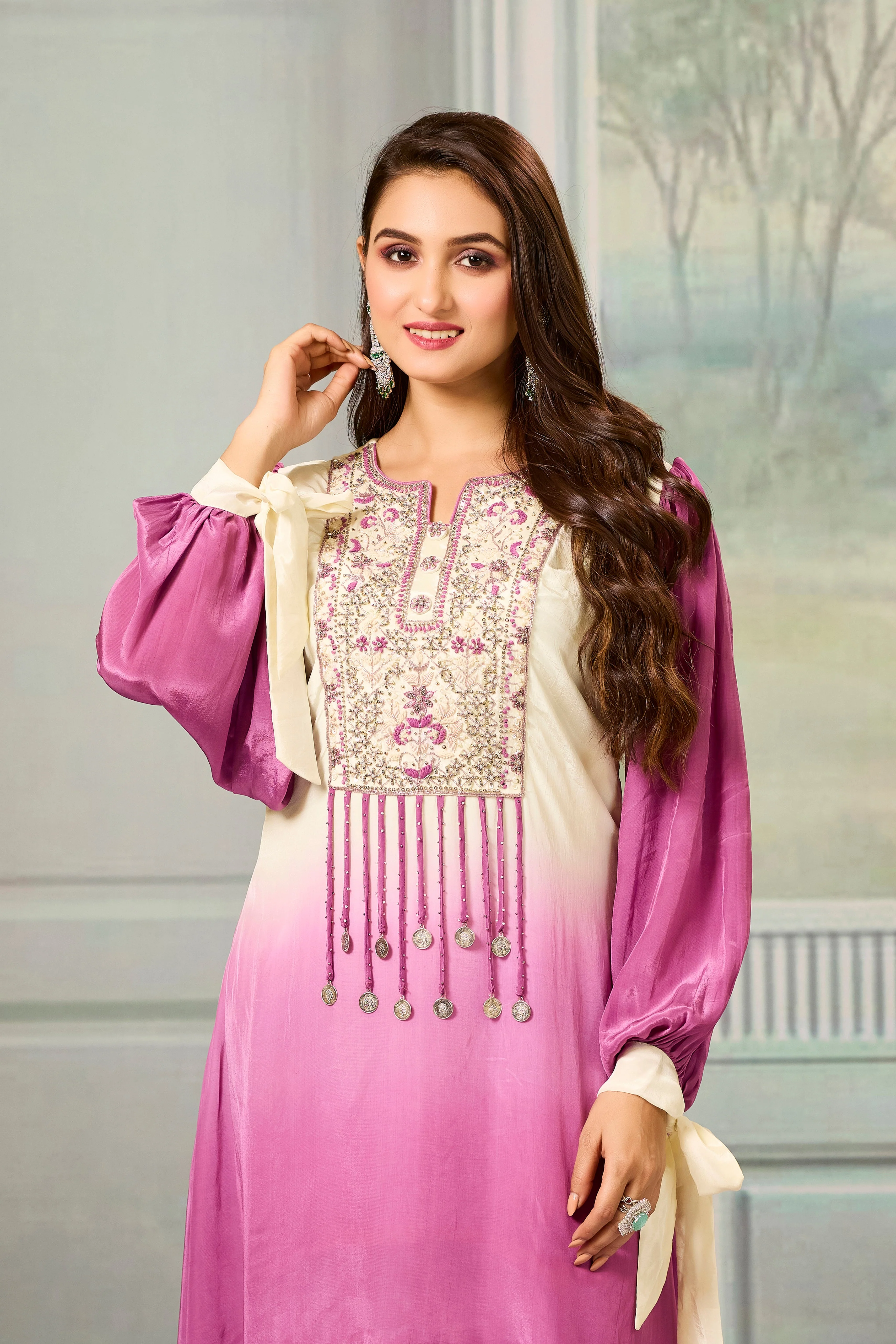 Cream Mauve Ombre-Dyed Crepe Silk Pant Set - Image 2