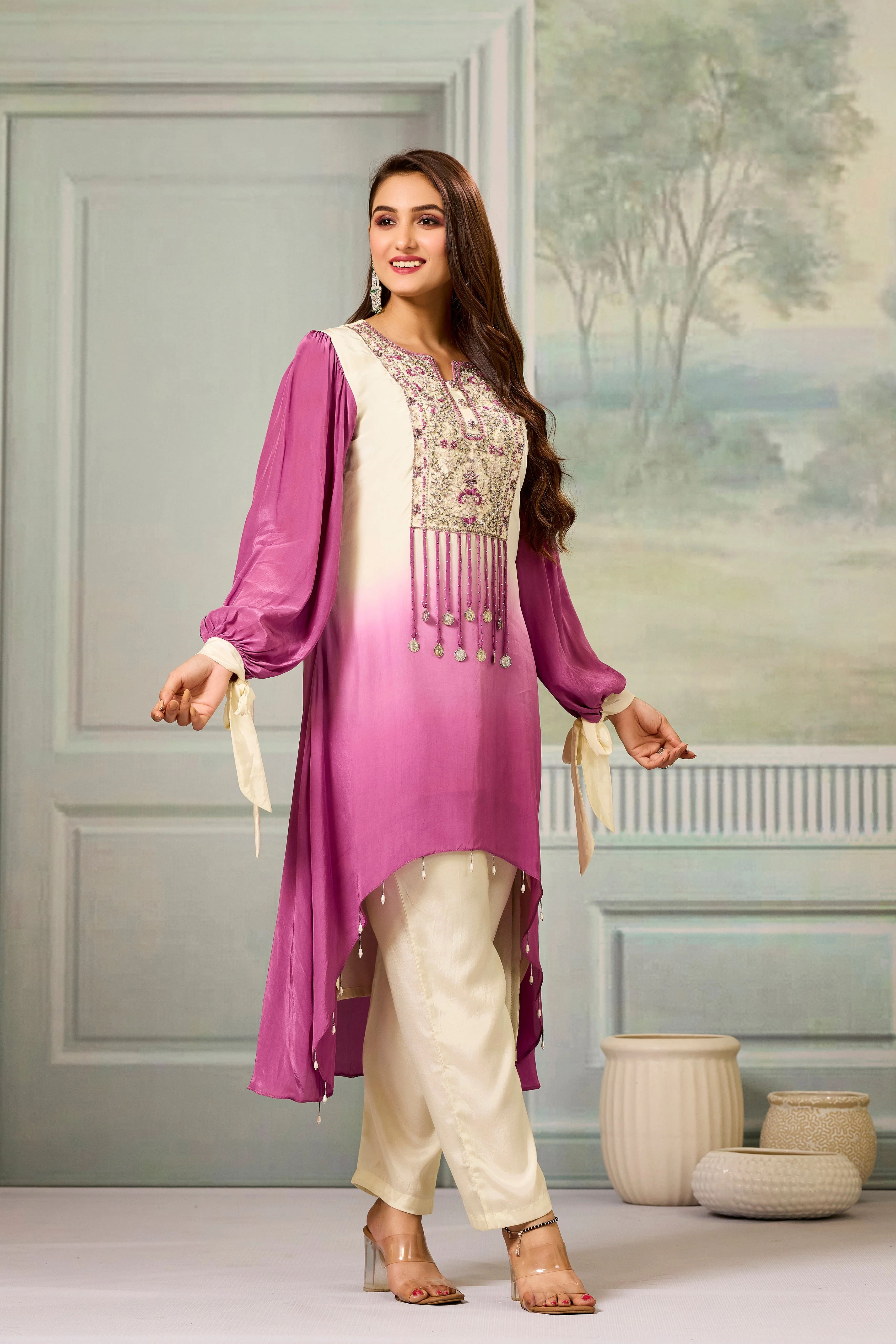 Cream Mauve Ombre-Dyed Crepe Silk Pant Set - Image 3