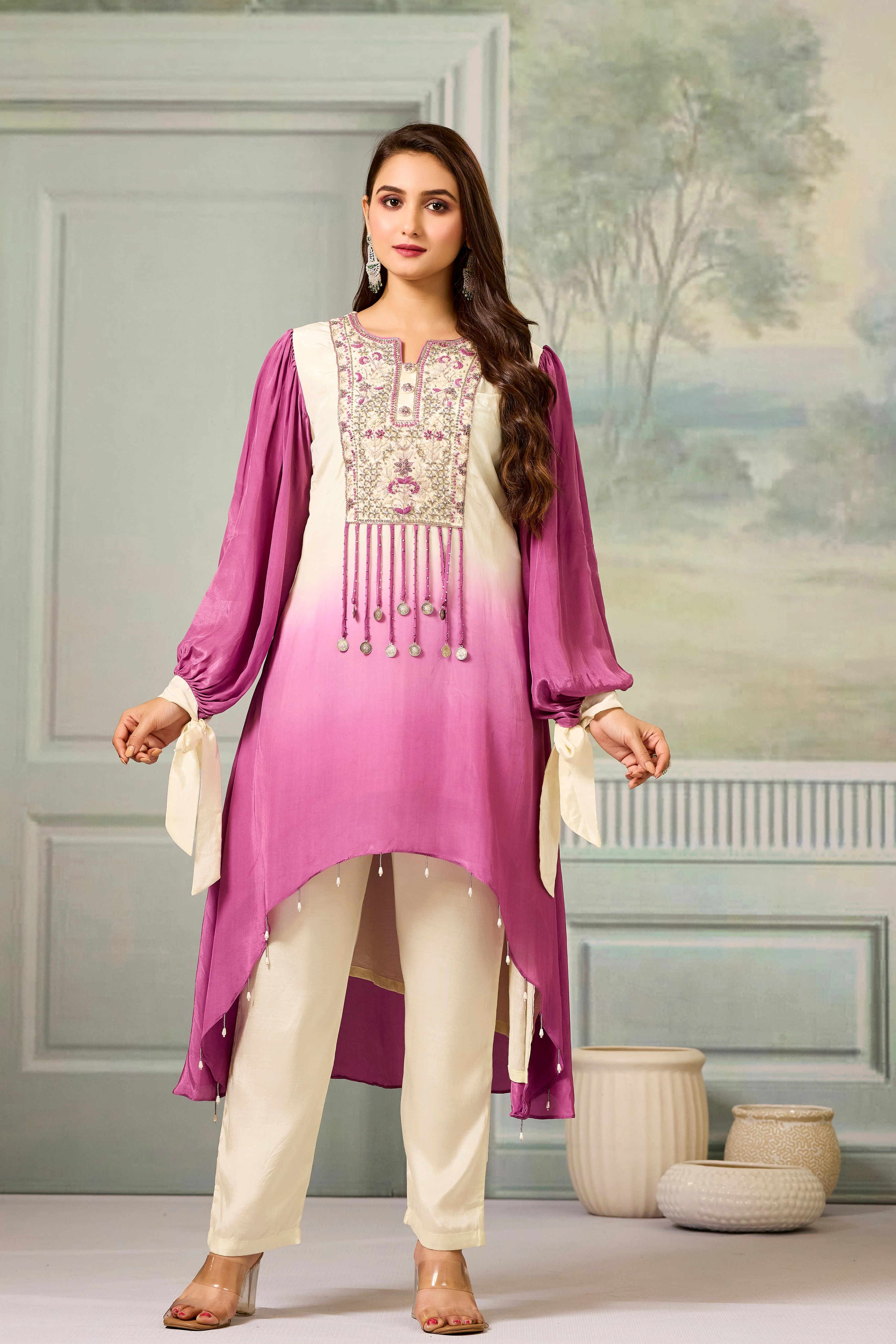 Cream Mauve Ombre-Dyed Crepe Silk Pant Set - Image 4