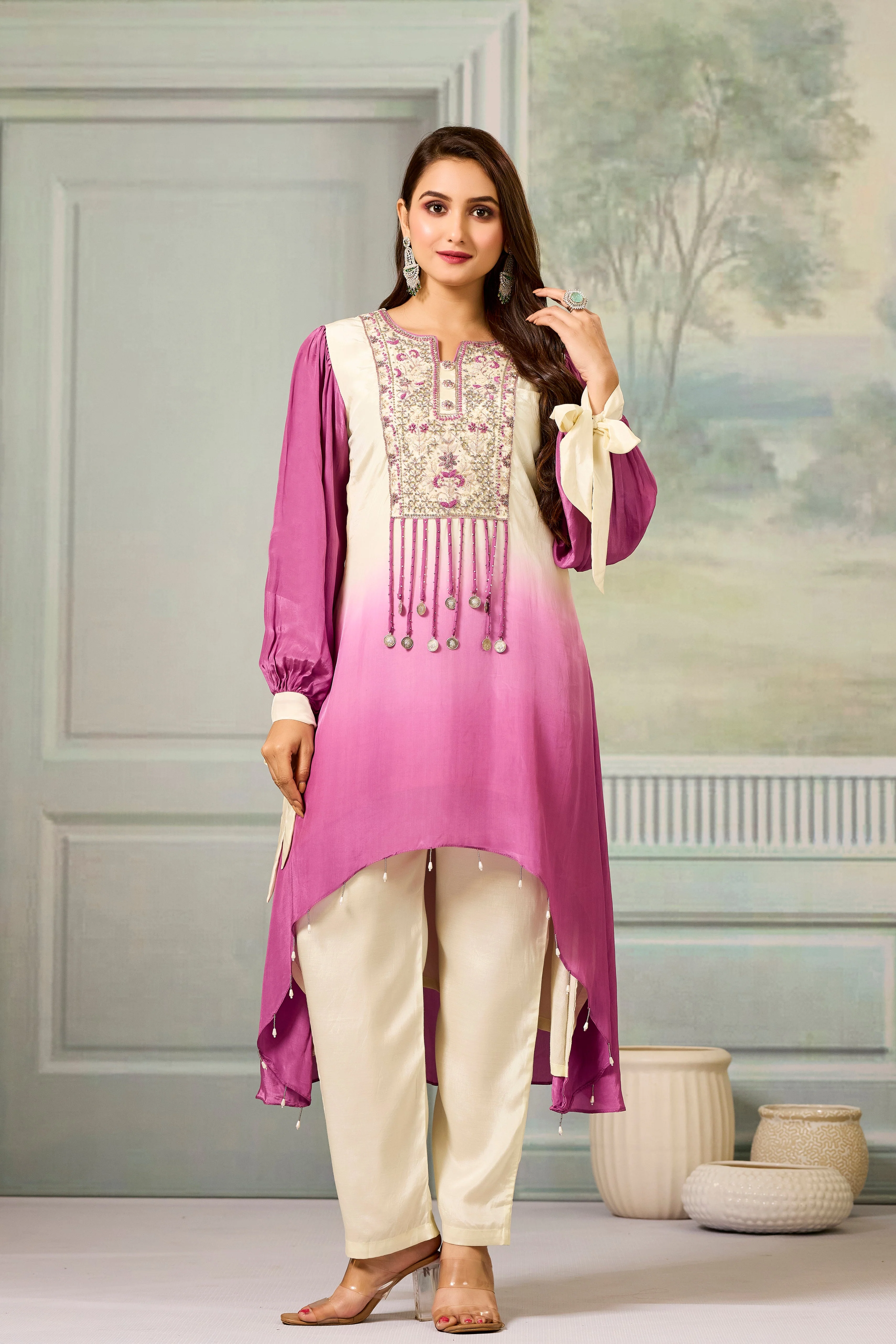 Cream Mauve Ombre-Dyed Crepe Silk Pant Set - Image 5