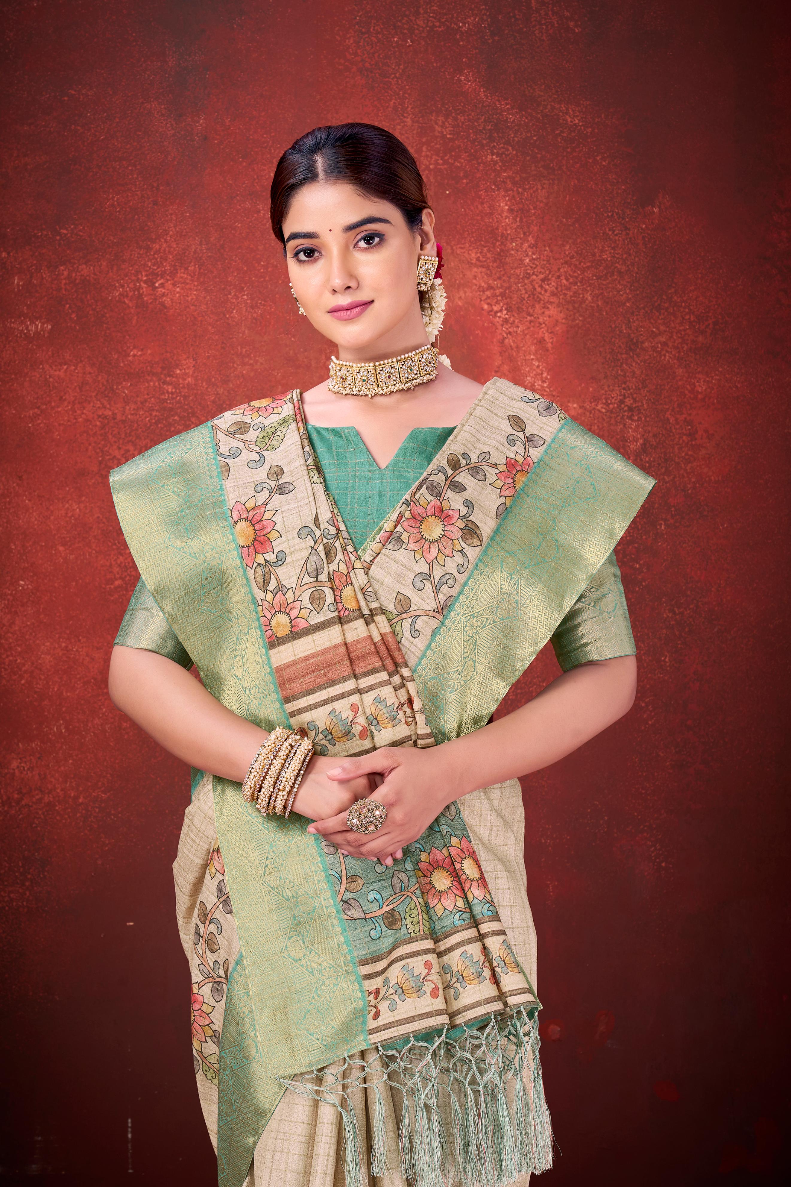 Cream Mulbery Jacquard Silk Printed Saree - Image 2