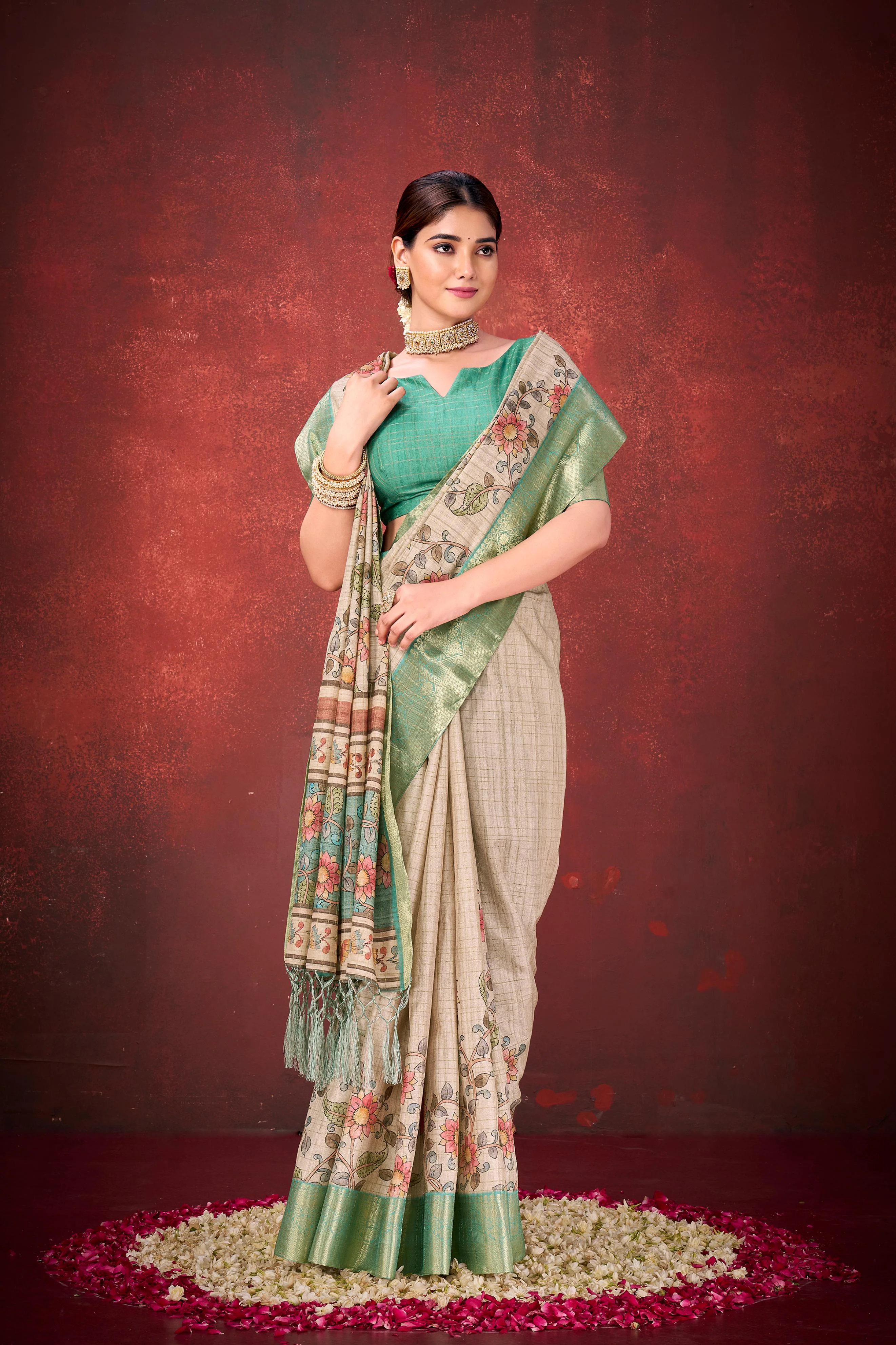 Cream Mulbery Jacquard Silk Printed Saree - Image 3